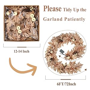 6 FT Fall Garland with Lights Timer Function Autumn Fall Leaves Garland with Berries Pine Cones Pumpkins Realistic Automatic ON/Off Timer Fall Decorations for Home Mantle Fireplace Porch Door Table
