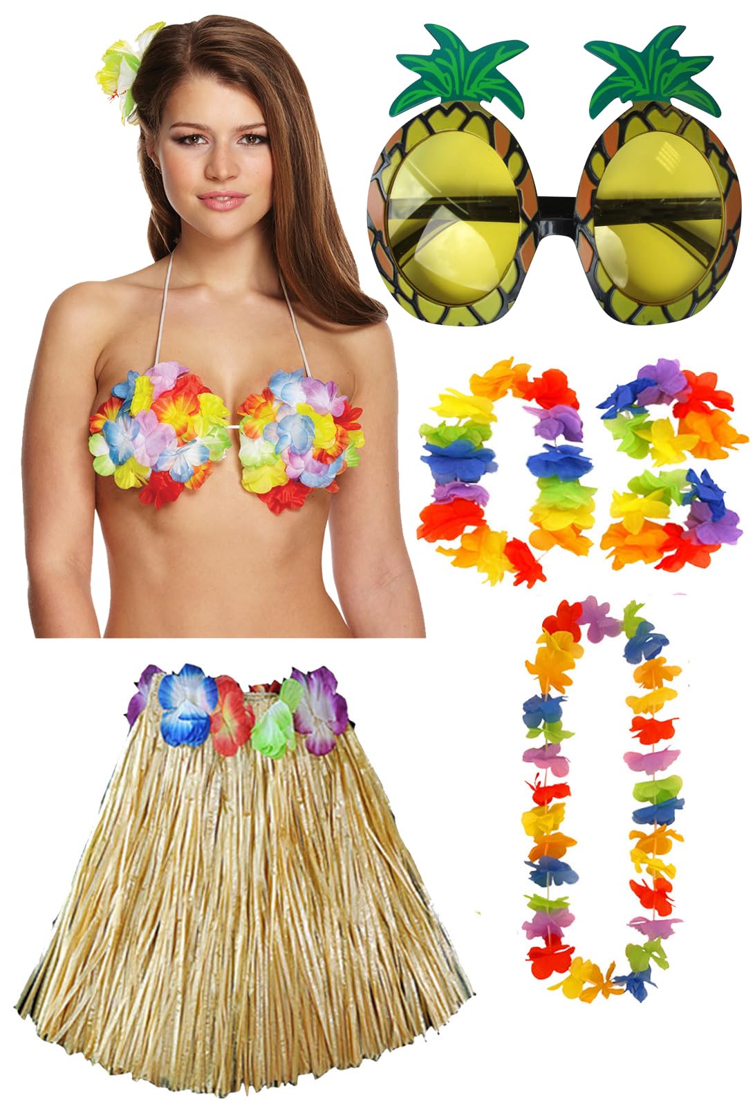 labreeze Hula Grass Skirt Flower Bra 4 Pcs Lei Set Pineapple Glasses Ladies Hawaiian Hula Fancy Dress Party Costume (Natural)