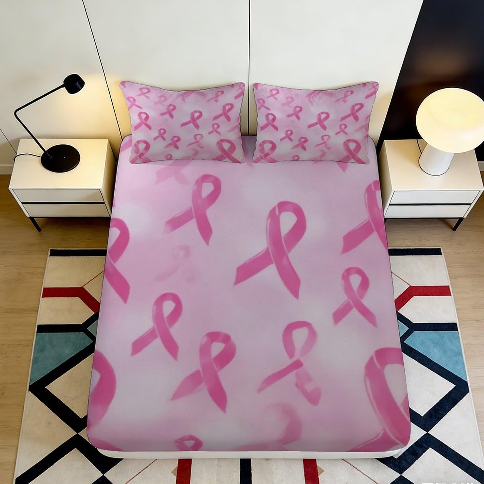3D Printed Pink Ribbon Fitted Sheet Microfiber Soft Bedroom Decor Mattress Cover for Home Dorm Room Protection 90x200x25cm