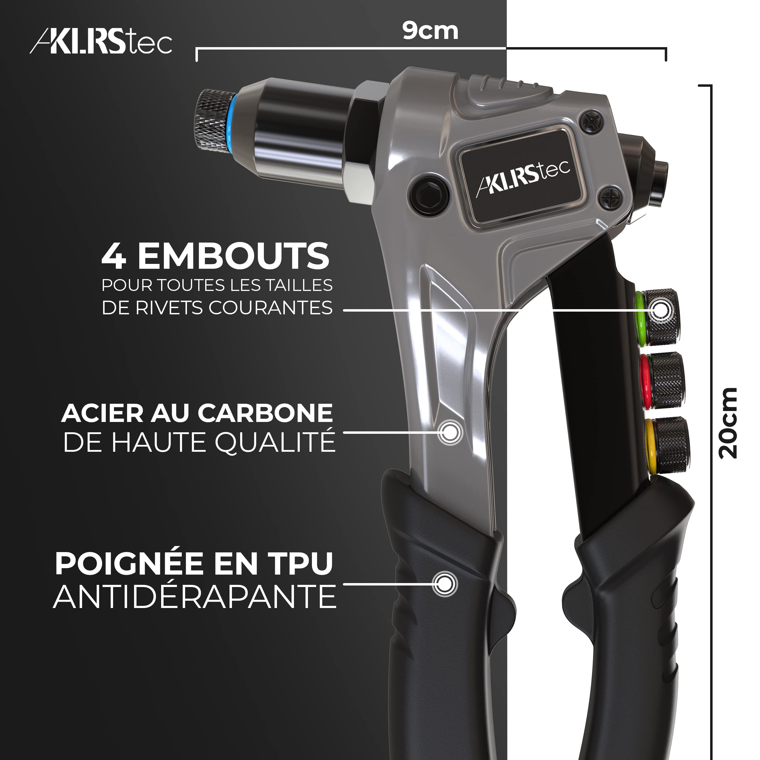 KLRStec® Kit professionnel de pinces à rivets, incluant 120 rivets et 4 perceuses de type HSS - Pince à rivets pop de haute qualité pour la pose de rivets aveugles