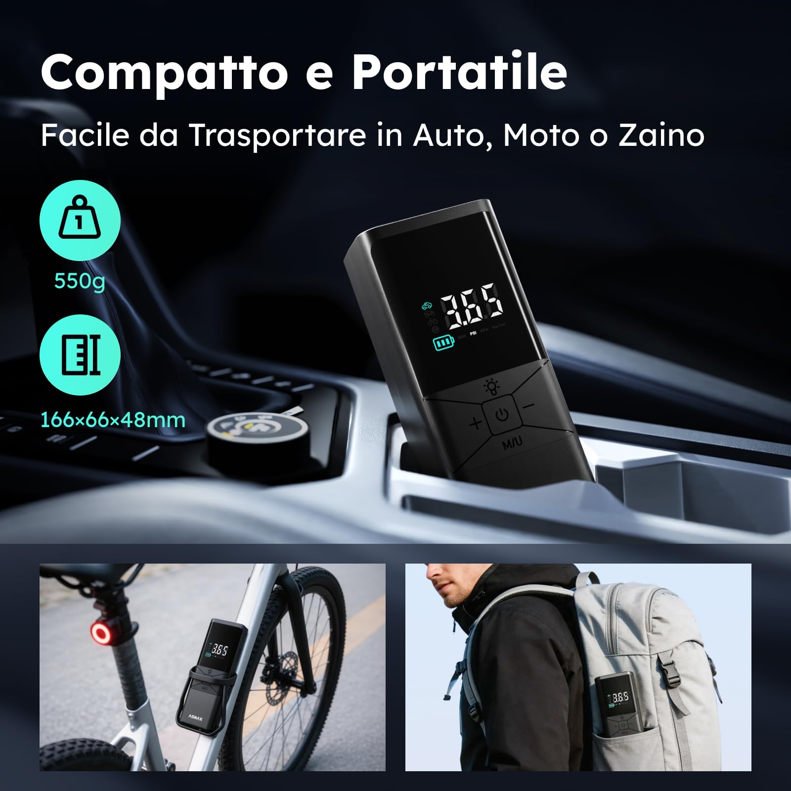 ASMAX T40 Compressore d'Aria Portatile 150 PSI con Batteria 6000mAh | Gonfiatore Elettrico Senza Fili, Display Digitale, Spegnimento Automatico e Luce LED, per Auto, Moto, Biciclette e Palloni