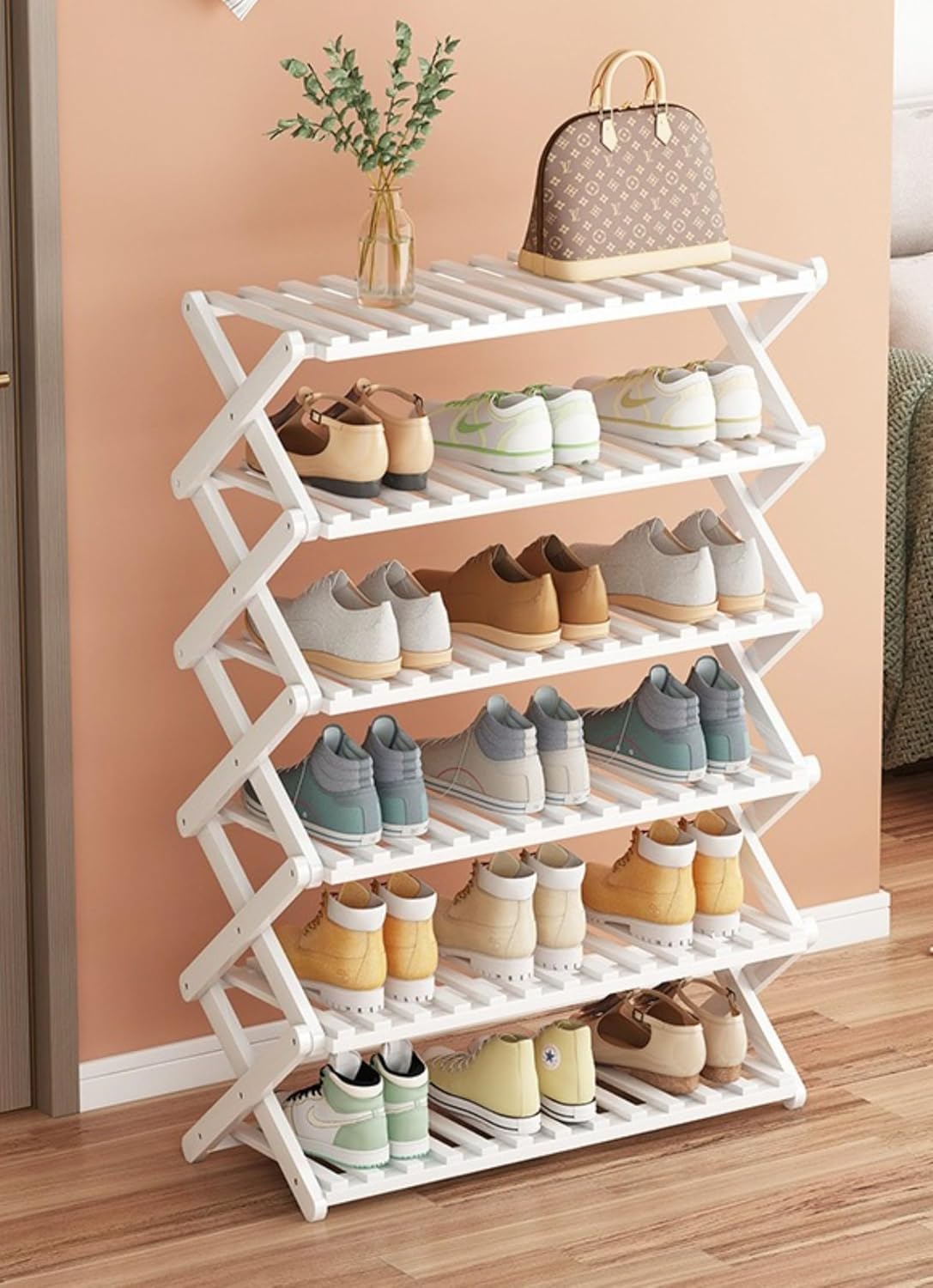 Ｌｅｘｉｗｙ竹製 折りたたみ シューズラック 組み立て不要、玄関 コンパクト 多機能 収納 (ホワイト,幅70cm (6層))