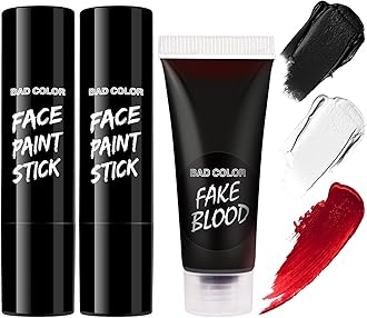 BADCOLOR 3PCS Face Body Paint Set, Black White Fake blood Body Paints Foundation for Sports, Professional Face Paint for Halloween SFX Makeup Joker Zombie Vampire Skeleton Cosplay Parties