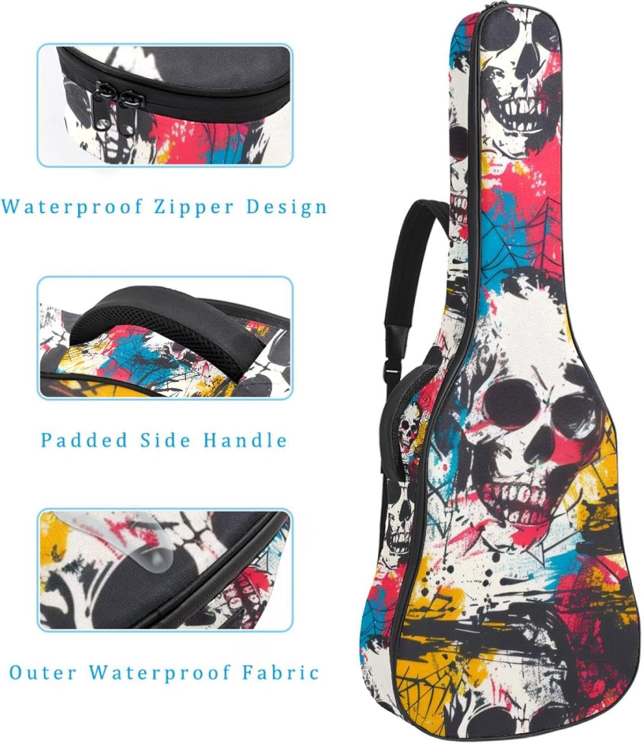 Acoustic Guitar Gig Bag 1 cm Thick Padding, Waterproof Electric Guitar Bag 40-42 Inch Guitar Case Backpack with Dual Shoulder Strap, Seamless Bright Skulls Spiders Spiderweb
