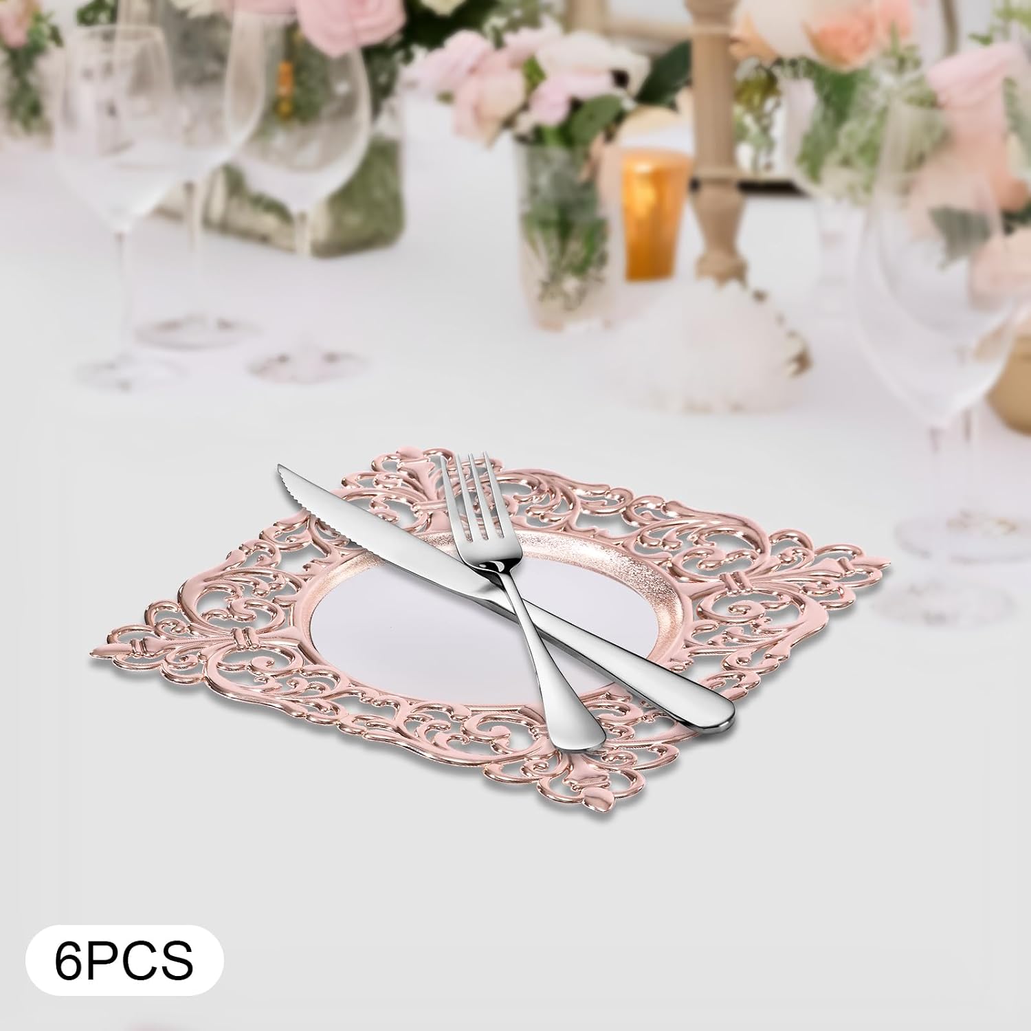 PERFERATE 6 Pcs Square Charger Plates 11.8 Inch Mirror Chargers Plates for Dinner Elegant Charger Plate Bulk for Wedding Decoration, Baby Shower Party, Christmas Decoration (Rose Gold)