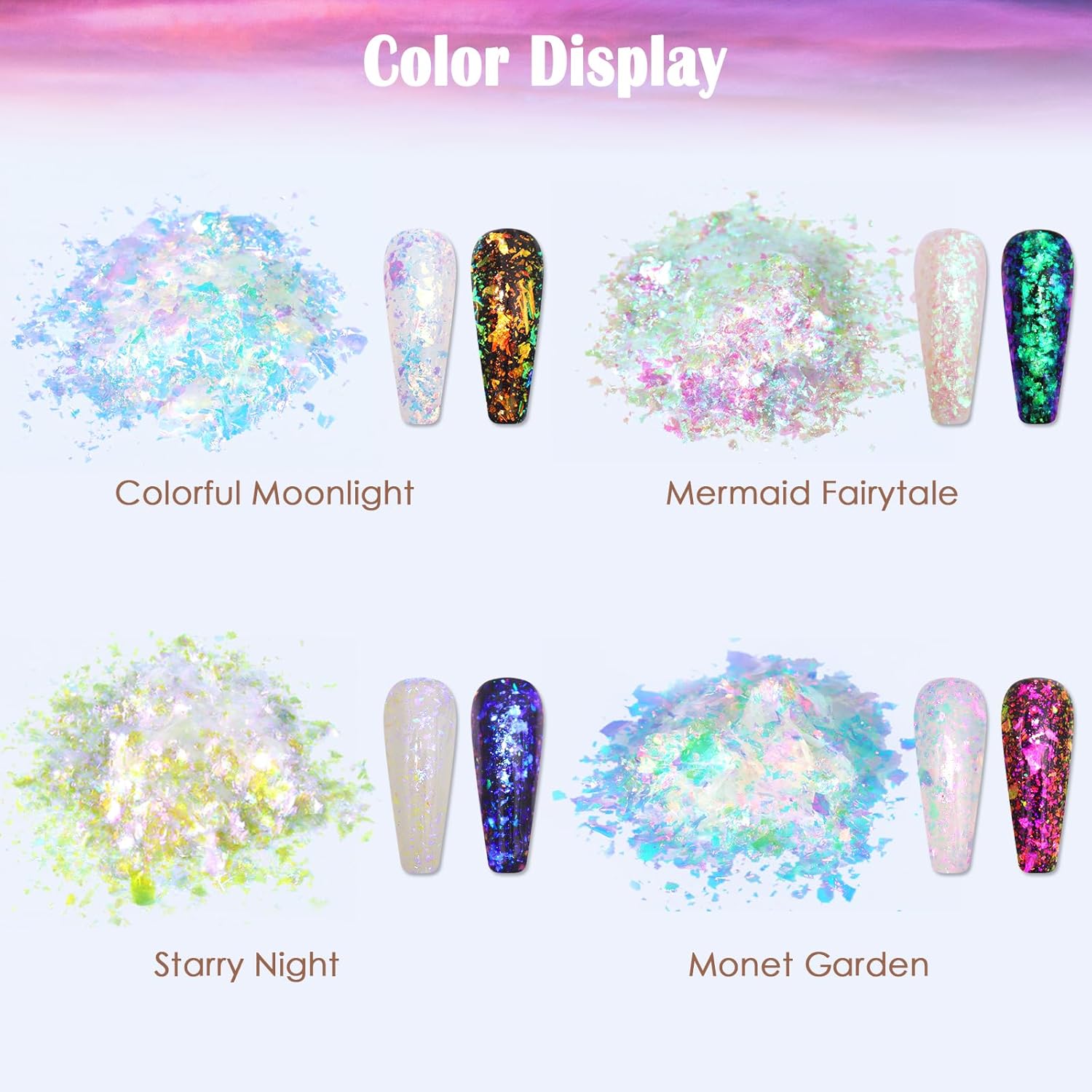 Laza Colorful Moonlight Chameleon Flakes Nail Glitter Irregular Opal Nail Foil Flakes Chunky Confetti Color-Shift Sequins Iridescent Fairy Dust for Mermaid Nails Design, Nail Decorations for Nail Art - Image 3
