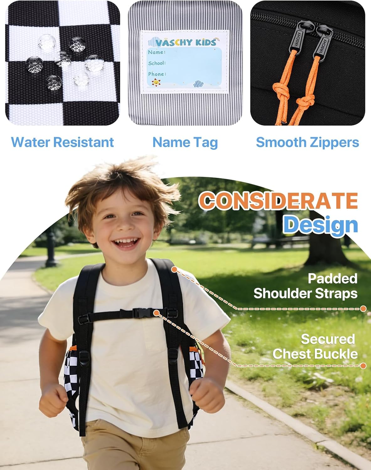 VASCHY Toddler Backpack, Boys Lightweight Color-block Small Kids Backpack Bookbag for Preschool/Kindergarten/Daycare/Travel Black Plaid