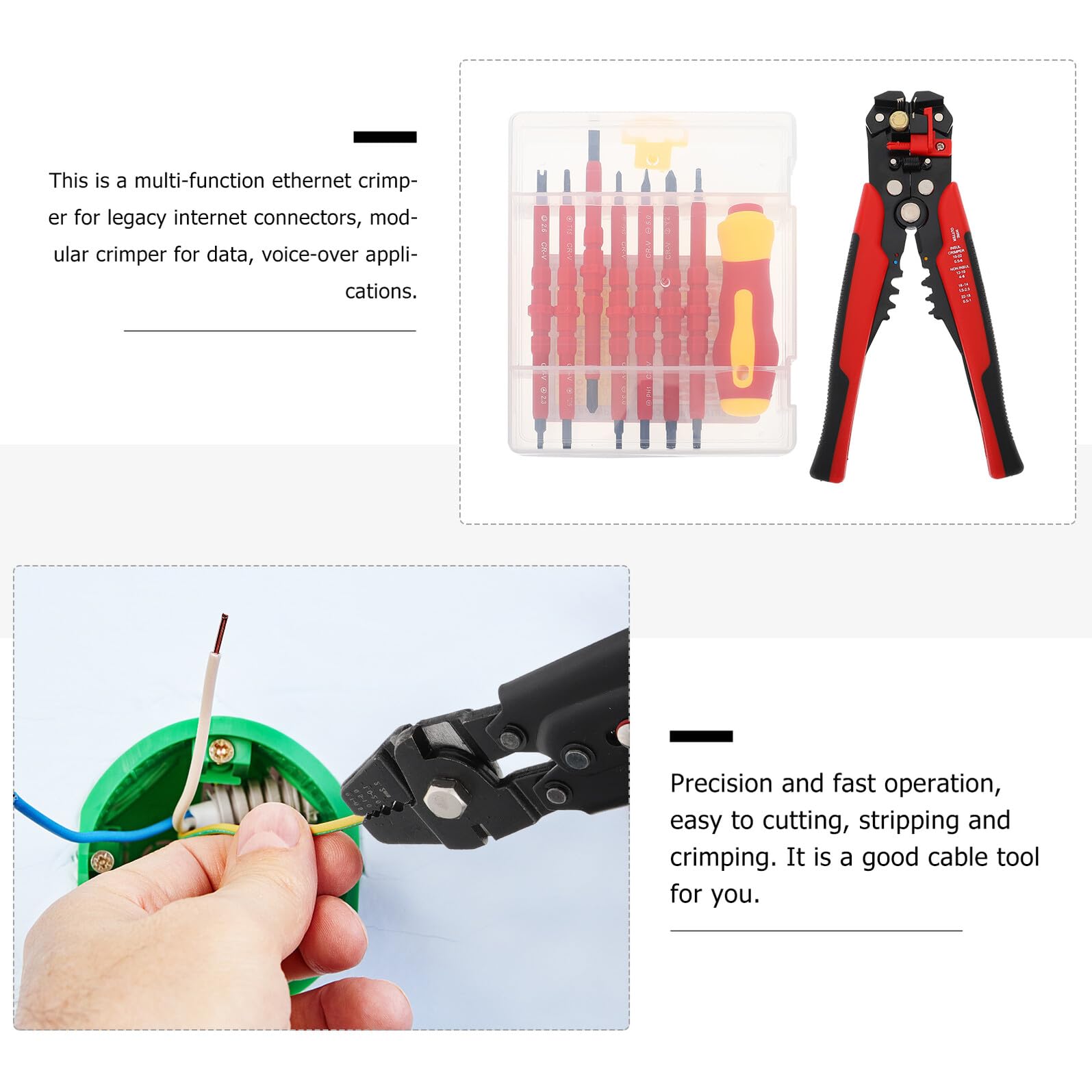 OUNONA Juego de Tenazas Pelacables Multifuncionales Destornilladores Aislados para Electricistas, Acero Aleado y Mango Cómodo, Kit Completo para Trabajos Eléctricos Color Aleatorio