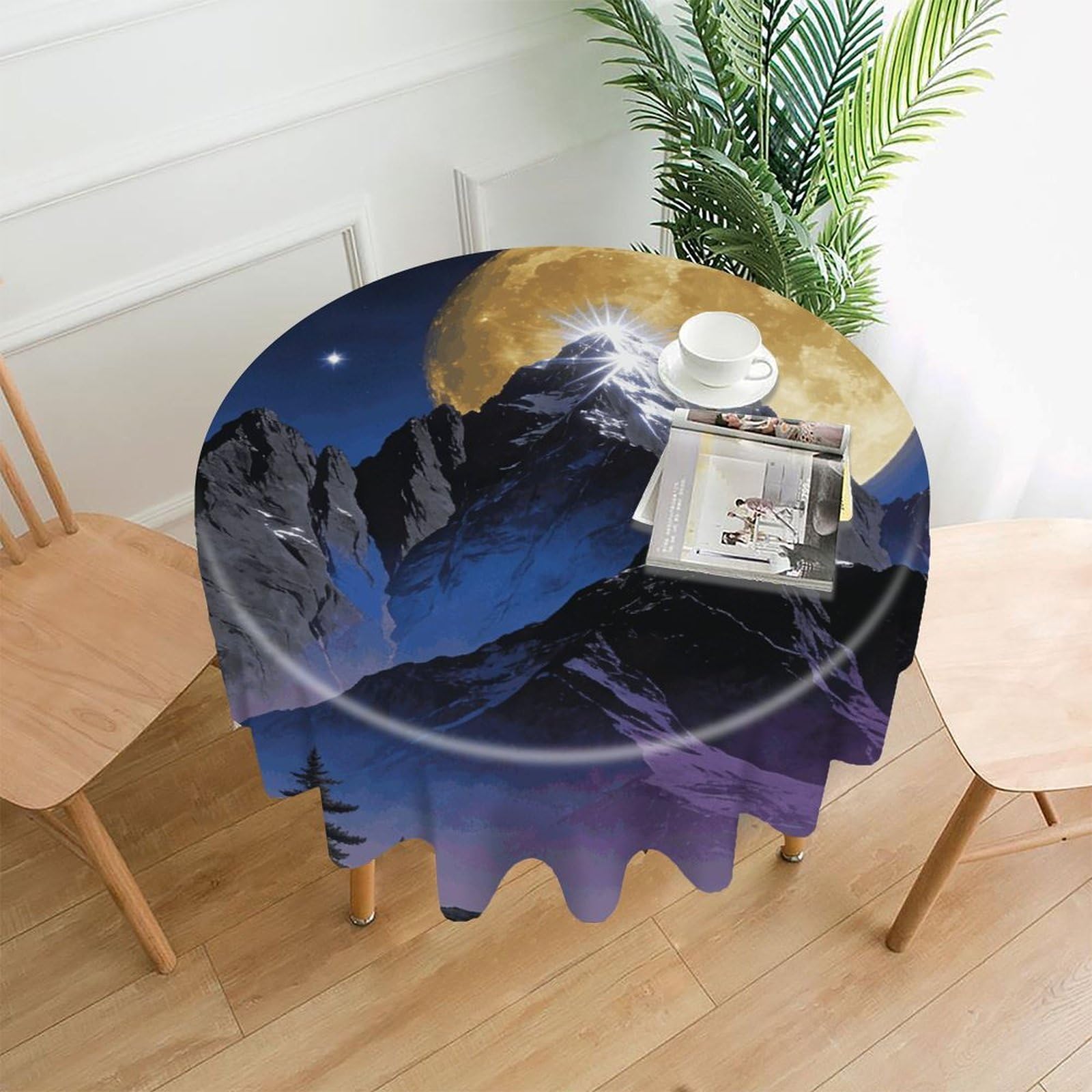 LZQPOEAS Mountains, and Moon Tablecloth Easy to Clean Polyester Round Table Cover Washable Round Table Cloth Wrinkle-Free Circle Decoration Tablecloth for Kitchen and Dining Room 60"