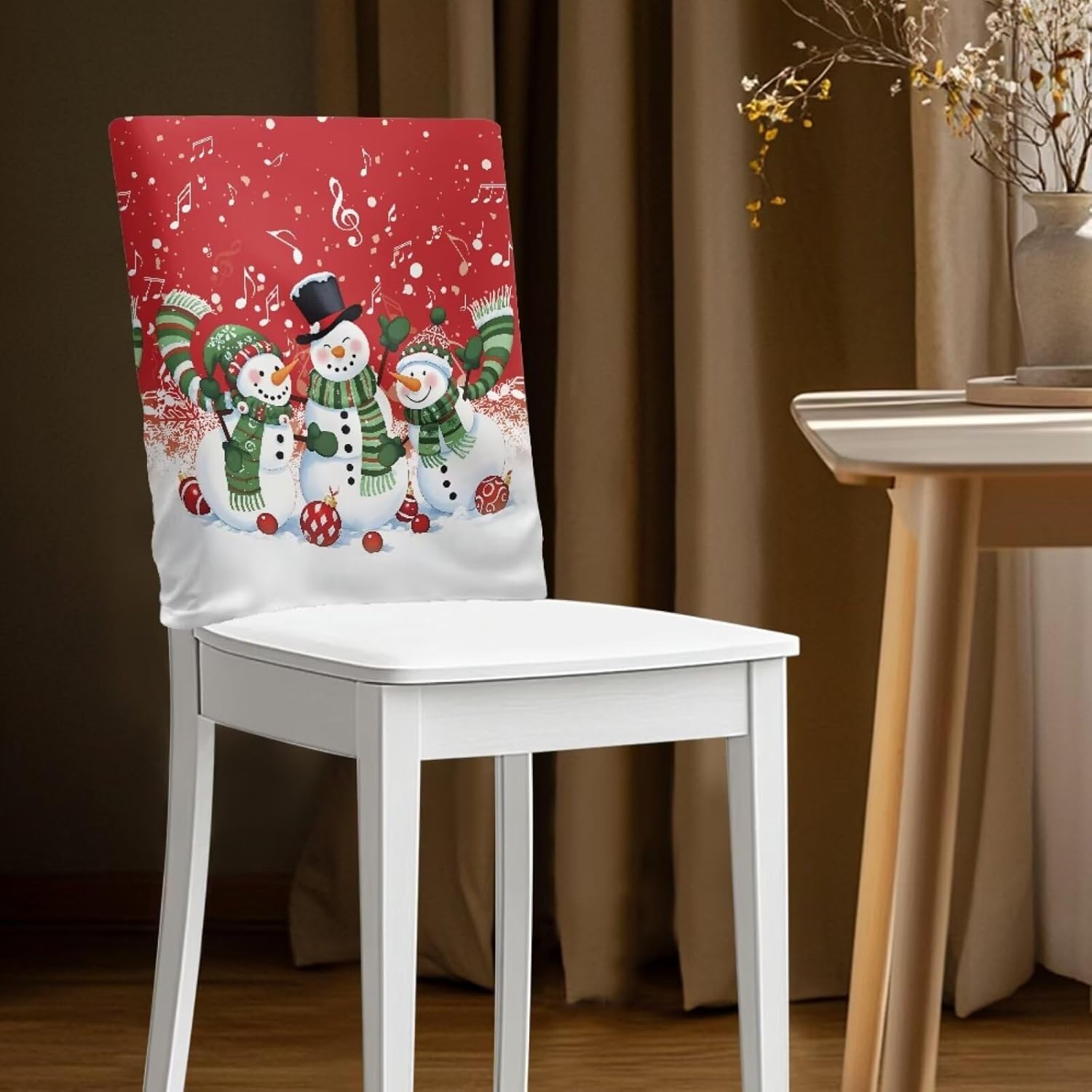 Talayituse Snowman Music Note Ball Print Chair Covers Set, Washable Chairs Back Cover, Dining Chair Slipcovers, Removable Chairs Seat Protector for Kitchen Dining Hotel Christmas Decor, 6 Pack