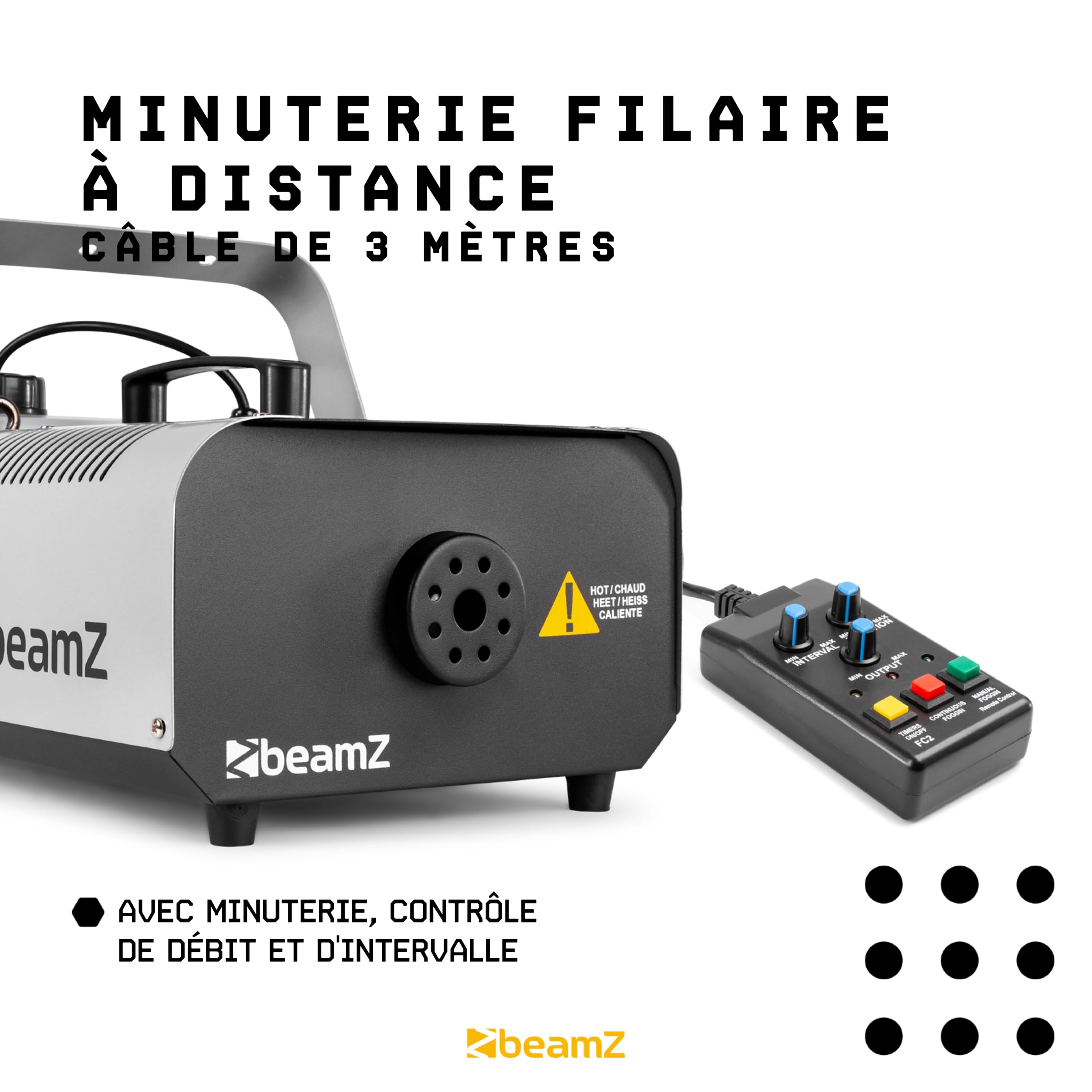 BeamZ S1500 Machine à Fumée 1500 Watts, Télécommande avec Contrôle du Débit et Programmateur, Réservoir 2.5 L, Débit par Minute 295m³, Étrier de Montage, Idéal pour Scène ou Discothèque