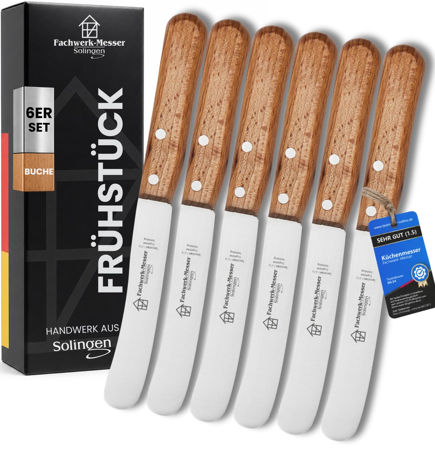 Buckelsmesser 6er-Set mit Handabzug/Glatt - Testsieger - Frühstücksmesser aus Solingen/Germany - Brötchenmesser/Brotzeitmesser Buchenholz