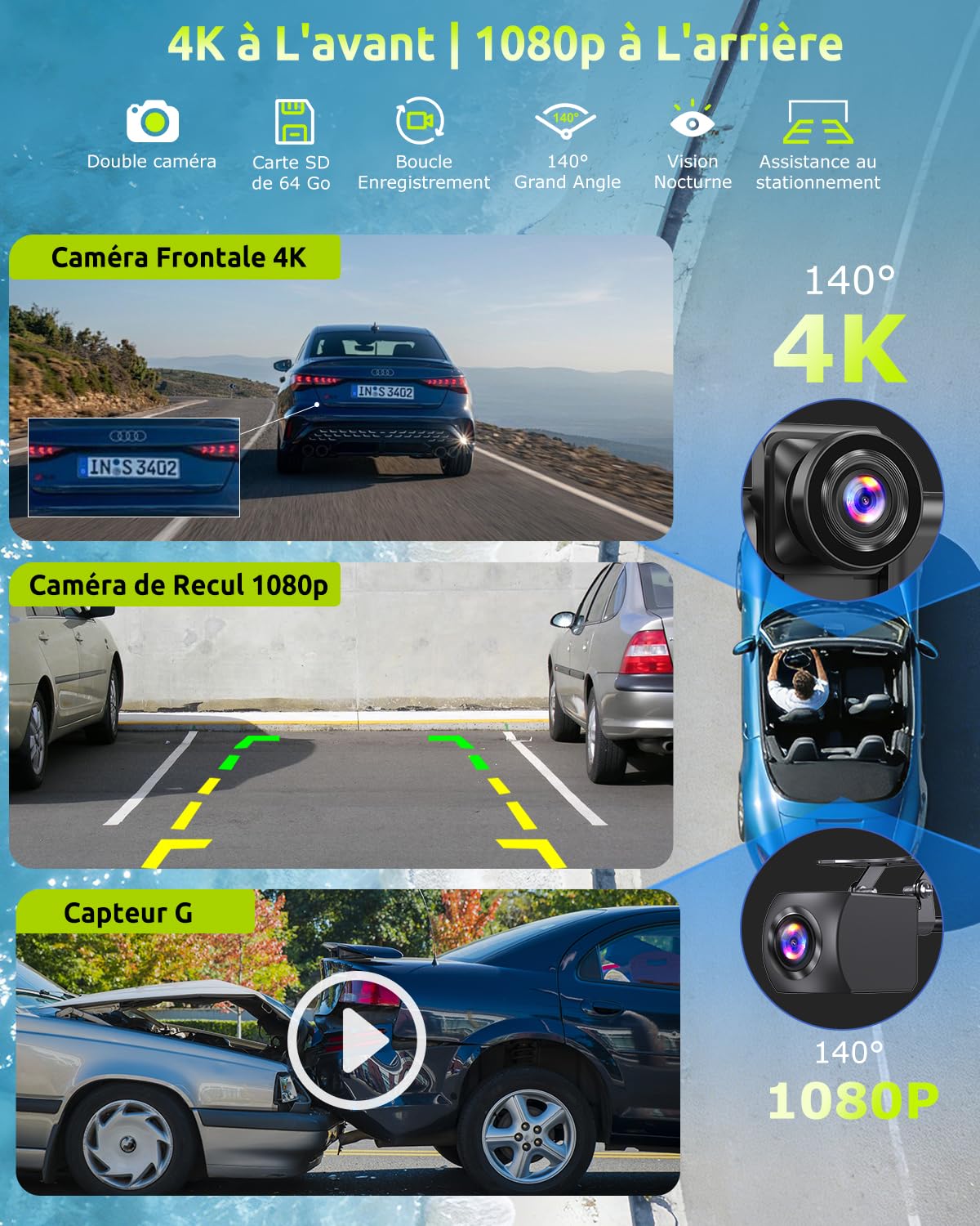 ESSGOO CarPlay Voiture, Supporte CarPlay sans Fil et Android Auto, Écran Tactile IPS 10,26 Pouces, Caméra Avant 4K et Caméra de Recul 1080P, Bluetooth 5.3, GPS, FM, AUX, Mirror Link, Carte TF 64G