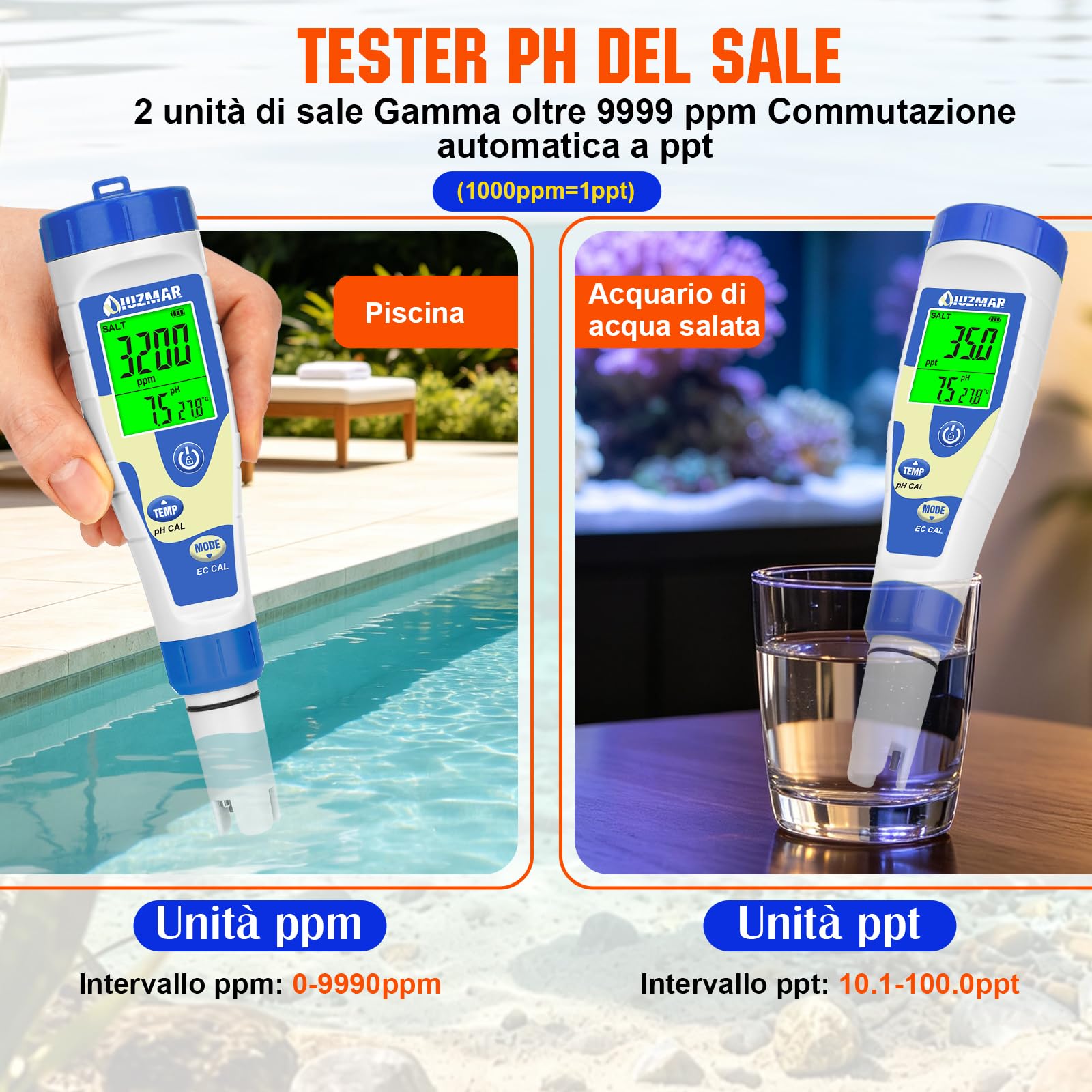 UIUZMAR Misuratore Salinita e pH Piscina Acquario Marino Digitale, 5 in 1