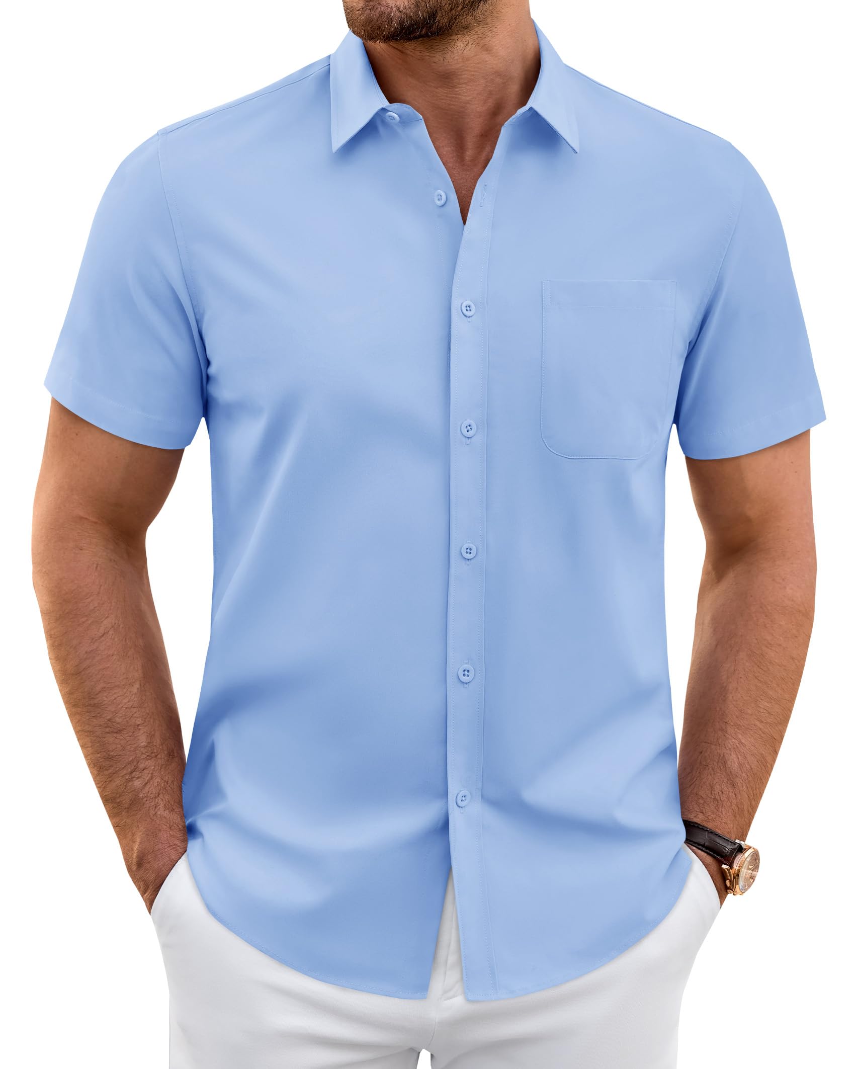 J.VER Hemd Herren Kurzarm Businesshemd Regular Fit Stretch Freizeithemd | Casual, Business, Formal, Comfort Fit, Elasthan, für Sommer Hochzeit Anzug Office Outdoor, für Männer Officer, mit Tasche