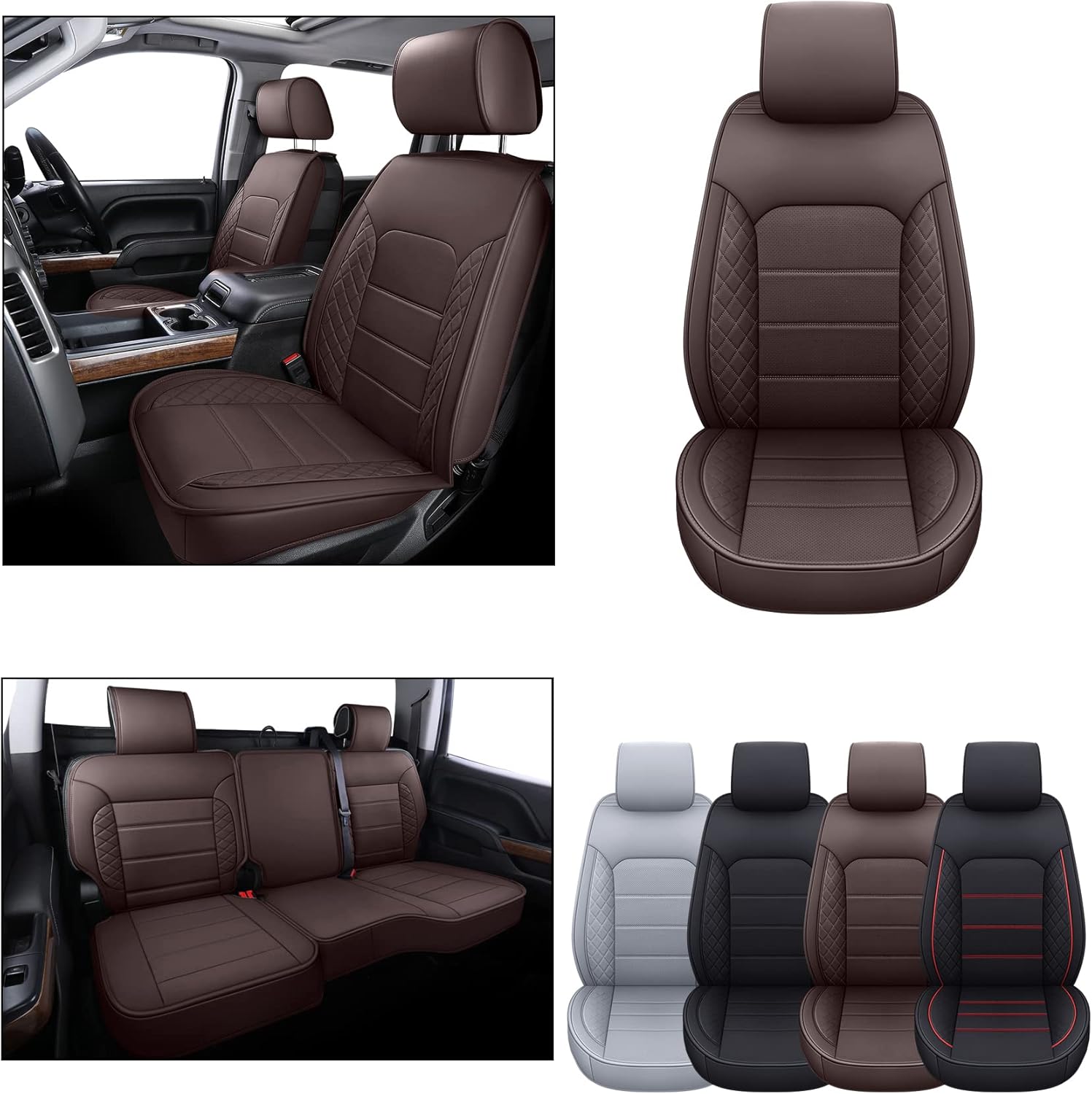 LUCKYMAN CLUB Chevy Silverado/Sierra Seat Covers Full Set X04-S3, Fit 2014-2018 1500/2015-2019 2500 HD/3500 HD Crew Cab with Water Proof Faux Leather (Full Set, Brown)