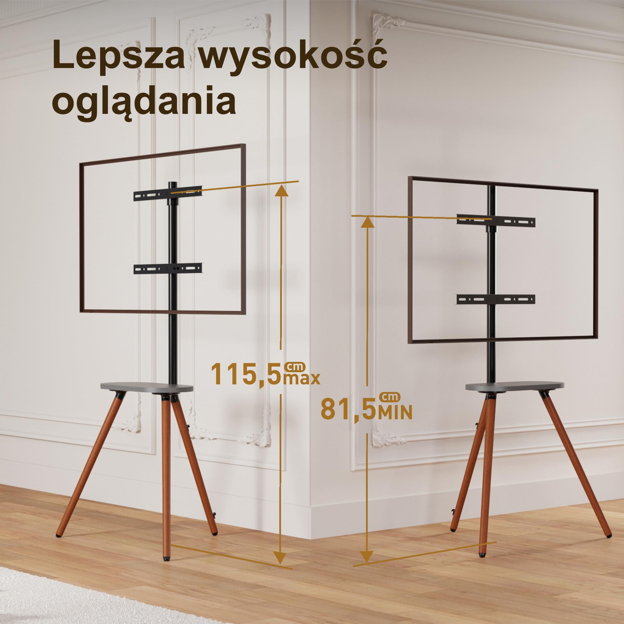 Stojak pod telewizor typu sztaluga (trójnóg) do ekranów 43–65 cali – przenośny, regulowany stojak podłogowy (narożny) z drewnianą półką, VESA 400x400 mm, minimalistyczny design, czarny orzech