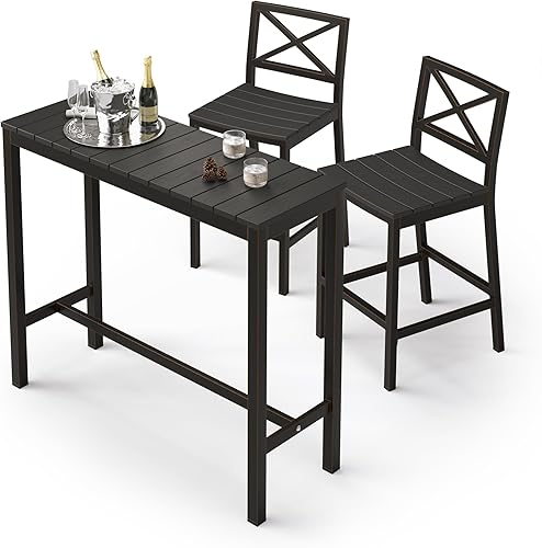Miniatura 28 de Juego de mesa y sillas de altura de barra para exteriores, 3 piezas con parte superior negra y patas de bronce para patio, con mesa superior alta
