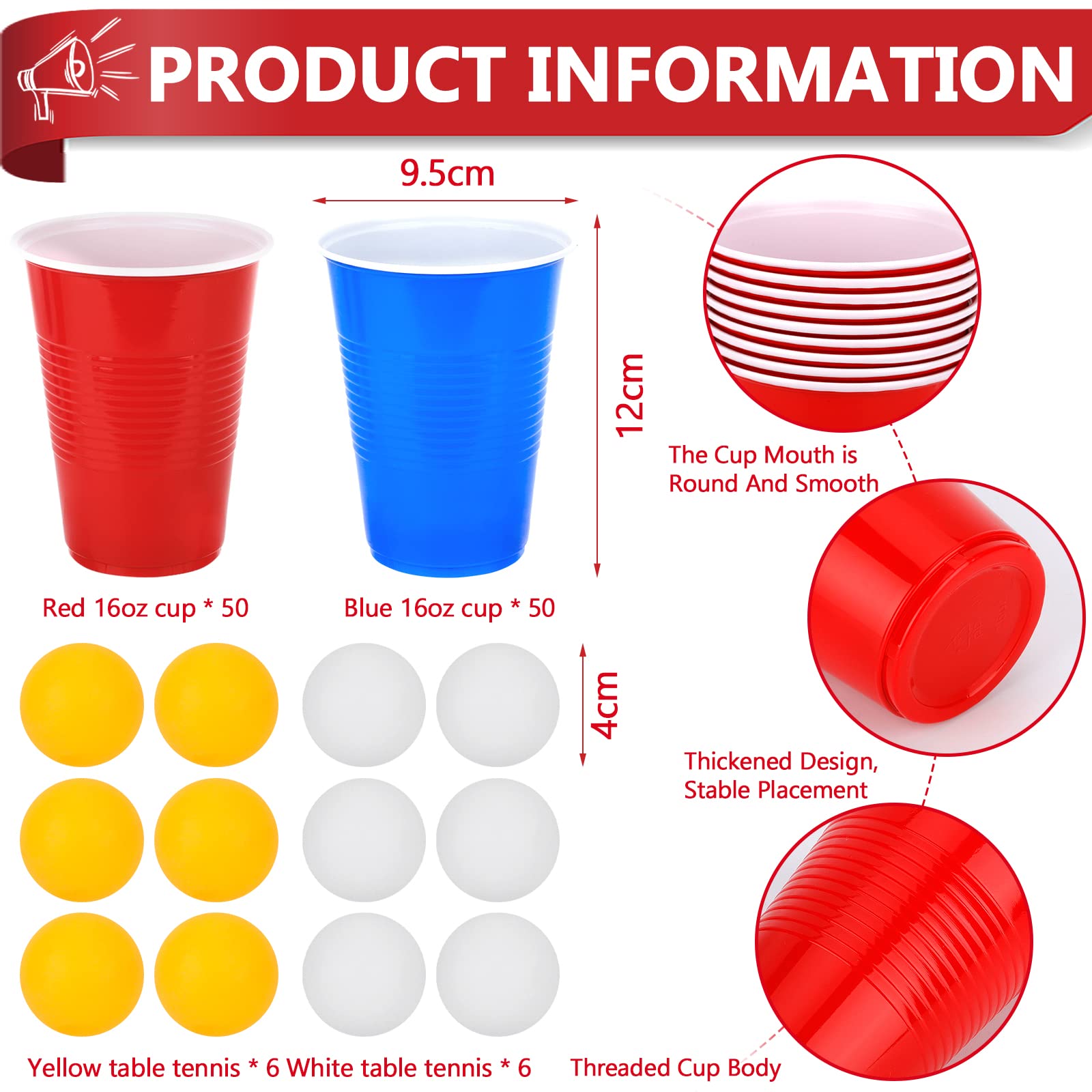 Kasanni 50 Beer Pong, 500ML Bicchiere di Plastica e 12 Palline da Ping Pong, Bicchieri Beer Pong, Bicchiere di Plastica, Giochi Alcolici