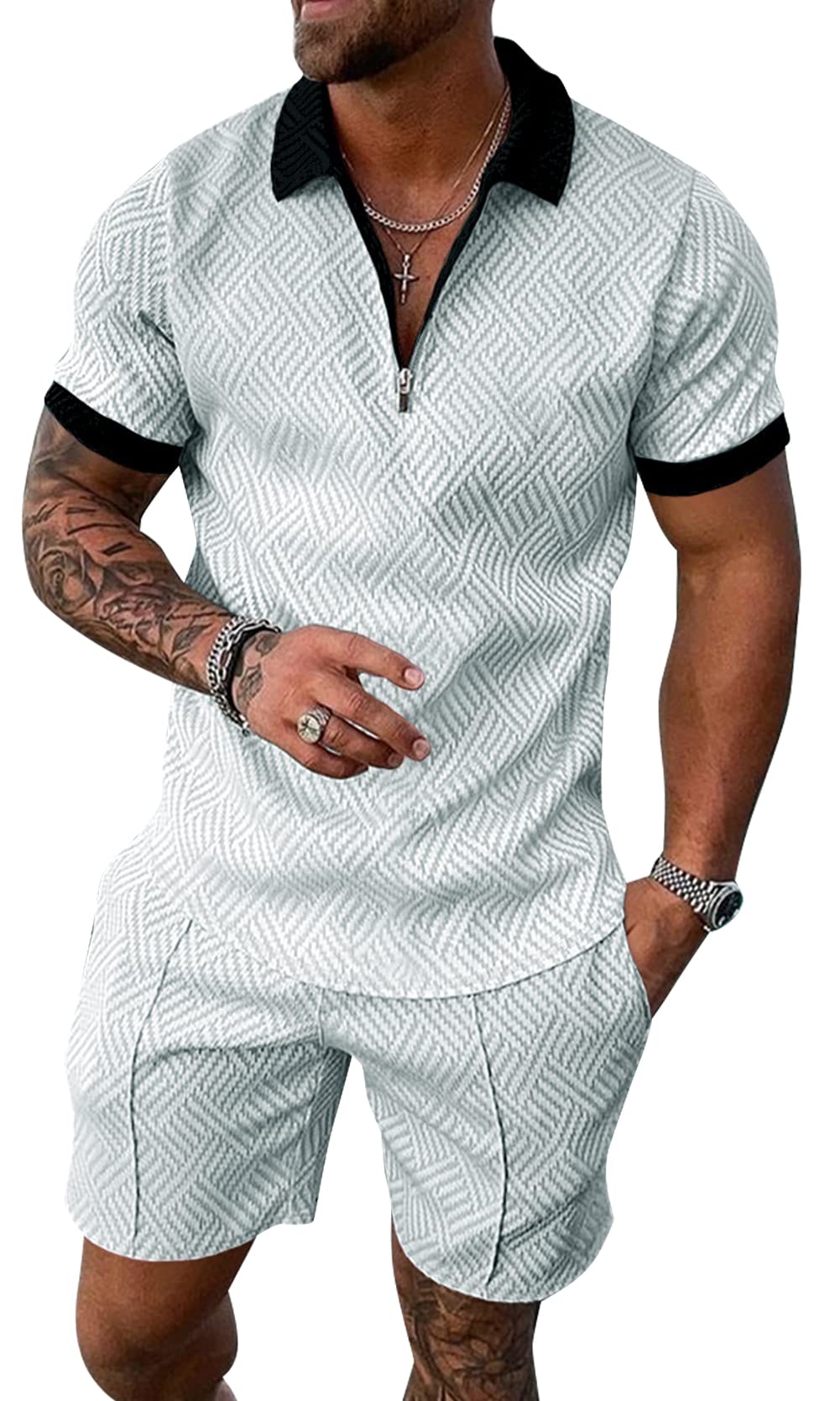 FEOYA Herren Trainingsanzug 2-Teiliges Poloshirt & Shorts Set Sommer Half-Zip Polo Hemd Set Kurzarm Freizeitanzug für den Alltag, Urlaub, Sport