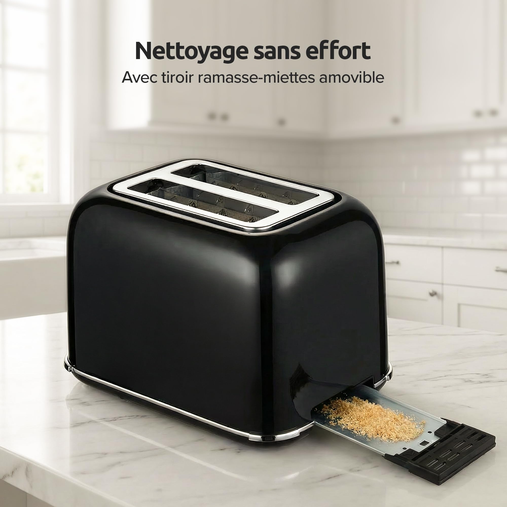 Olvy Grille-pain de luxe avec écran LCD et minuterie – Fentes extra larges (Décongeler/Réchauffer) – 7 niveaux de dorage – Black – 900 watts