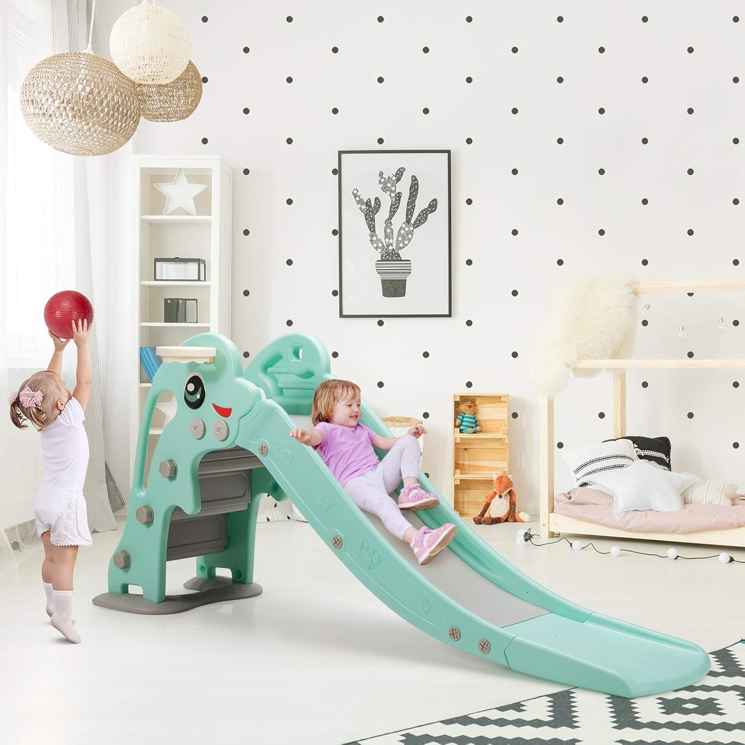 HOMGX 3 in 1 Toddler Slide Playset, Kids Climber Slide Toy w/Basketball Hoop and Ball, TY327763 Freestanding Slides