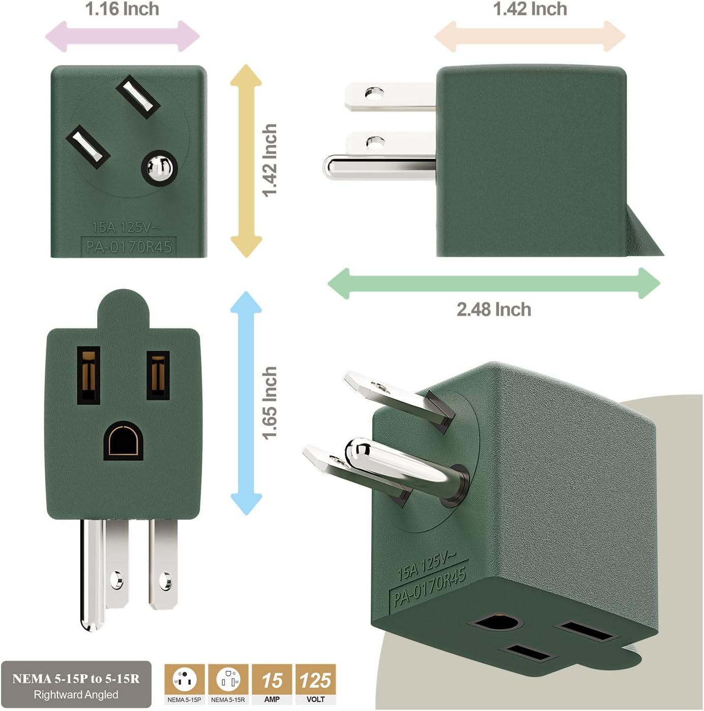 USA 3-Prong Male-Female Right AngledAdapter,90 Degree Angled USA Male Female Power Adapter, 5-15P to 5-15R Direction Changer Space Save Adapter Green