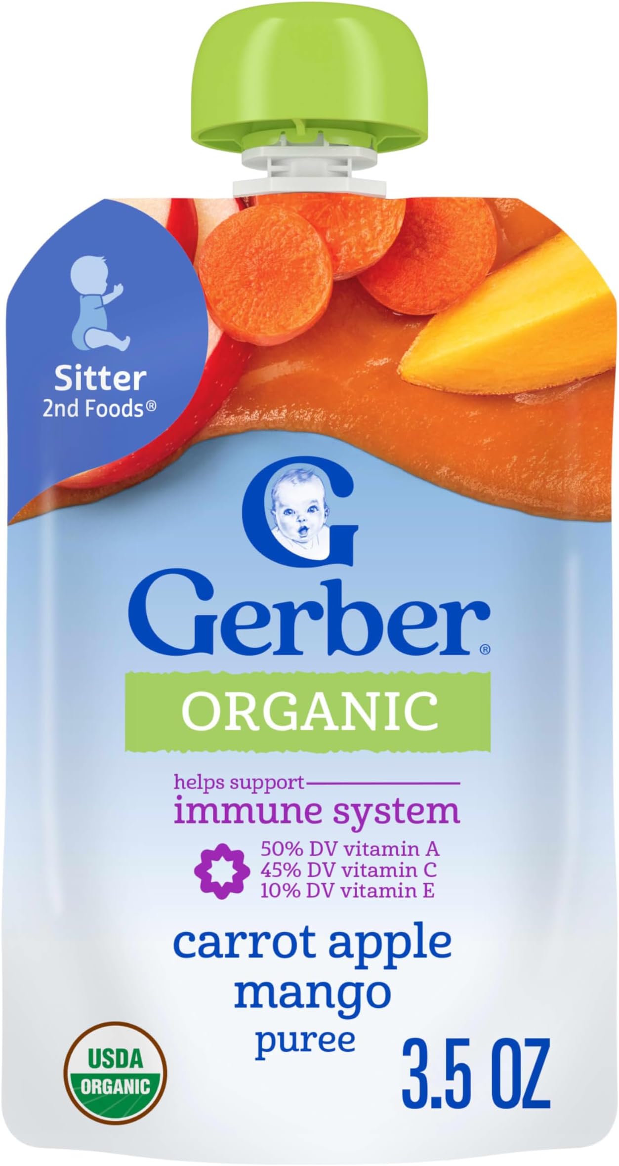 Stage 2 Baby Food, Organic Carrot Apple Mango, Baby Food Pouches, Puree Pouches, Vitamin A, C, & E Helps Support Immune System, No Artificial Flavors or Colors