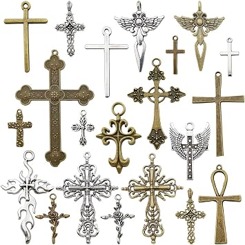 Youdiyla 100g Big Cross Pendants Collection - Antique Bronze Silver Sword Holy Angel Jesus Peace Cross Crucifix Metal Charms for Jewelry Making DIY Findings HM23