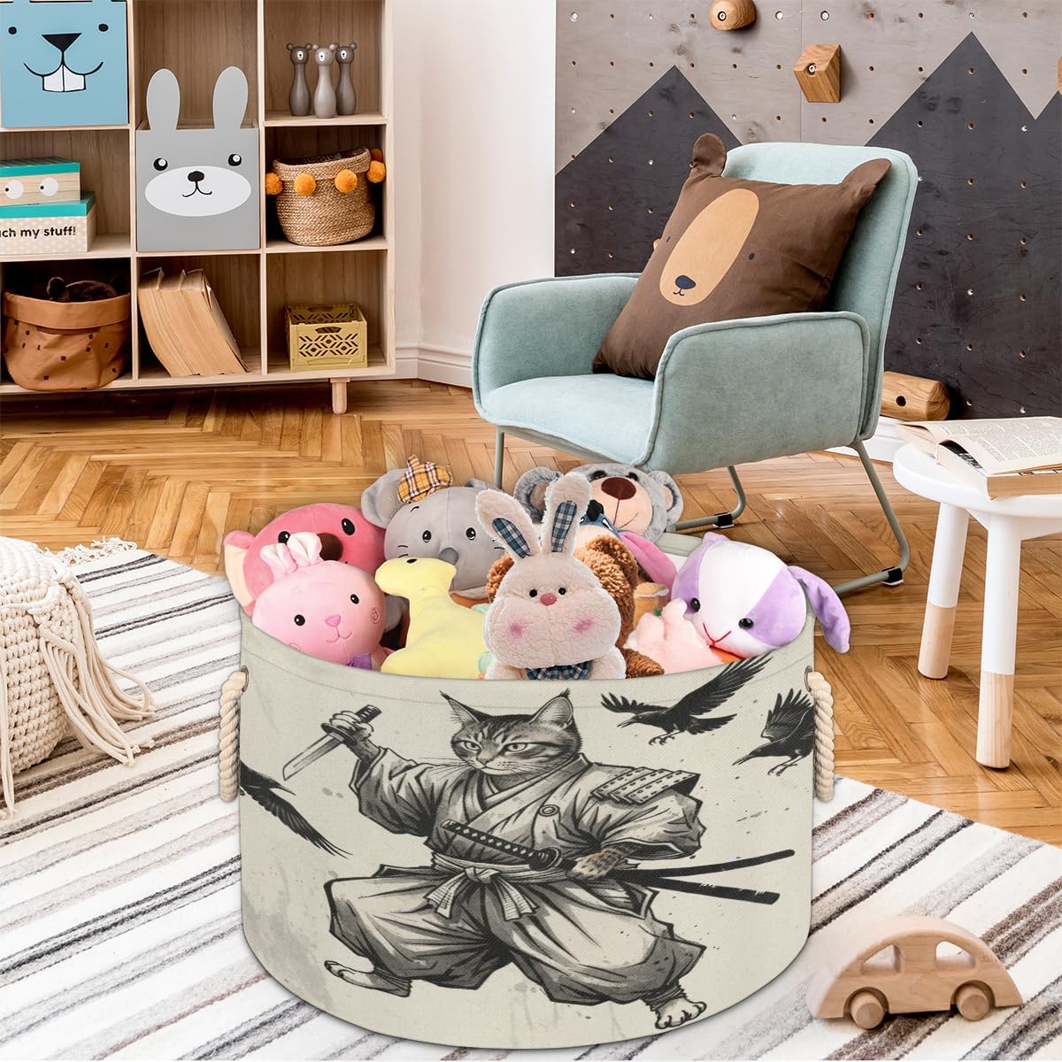 Large Storage Baskets - Samurai Japanese Cat Nursery Round Collapsible Organizer Bin Box - Laundry Hamper for Kids Toys, Blanket, Bedroom Living Room Home Decor, Gift Basket, 19.4"x13.3"