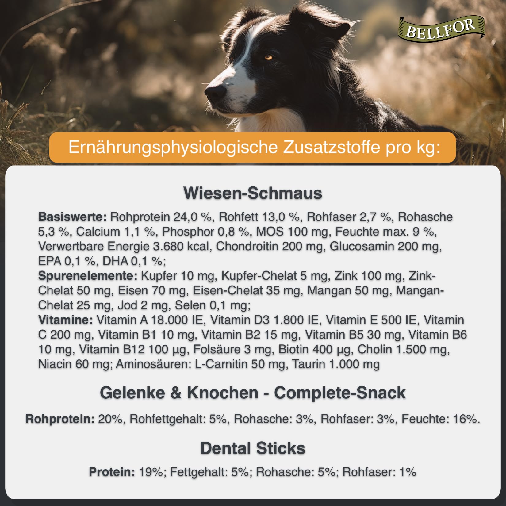 Bellfor Rottweiler Futter Set Wiesen-Schmaus 4 kg Dental Sticks 100g Gelenke & Knochen Kapseln 30 Stück mit Ovopet Jutebeutel