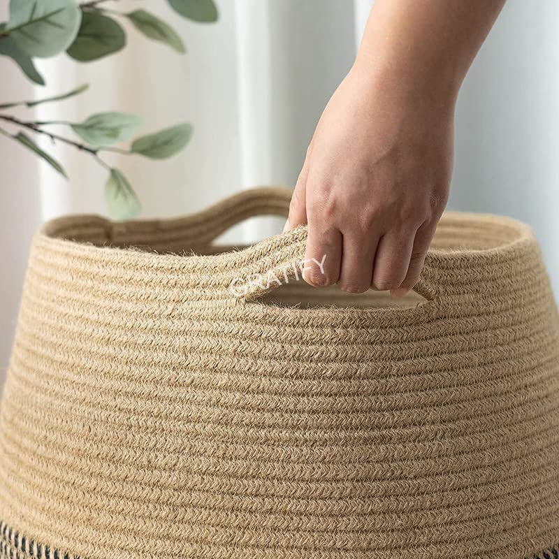 Image of GRATIFY Tall Laundry Hamper | Woven Jute Rope Dirty Clothes Hamper Modern Hamper Basket Large in Laundry Room, (Mix Dark Brown 18x 16 Inch)