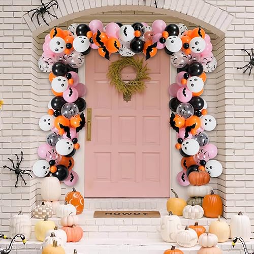 Miniatura 6 de Kit de guirnalda de arco de globos de Halloween para niñas, globos de Halloween rosa, negro, naranja, arco de globos de calavera, murciélagos,