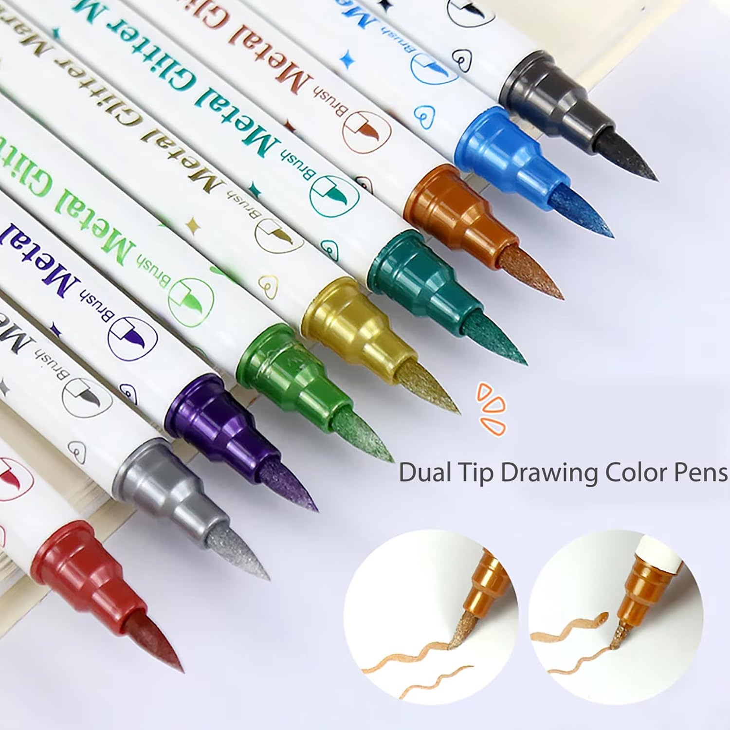 Metallic Nail Art Markers, Fine Tip & Brush Tip Quick-Dry Odorless Nail Polish Pens, Professional & DIY Nail Art Pens for Salon, Manicure, 3D Nail Drawing, Multi-Surface Use, 10 Colors