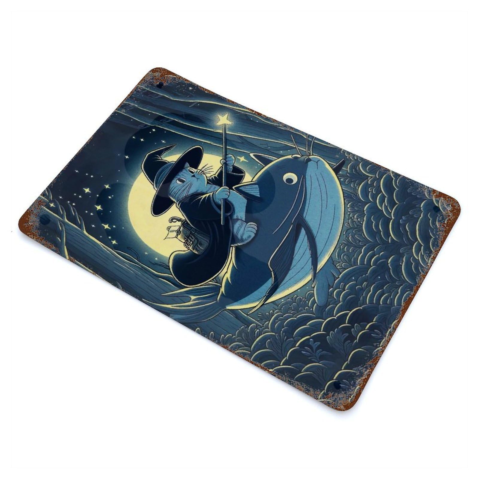 Garage Style Cat Wizard Riding Whale in Forest Vintage Rust Metal Sign 11.8"x7.9", Vintage Wall Decor for Bar And Workshop