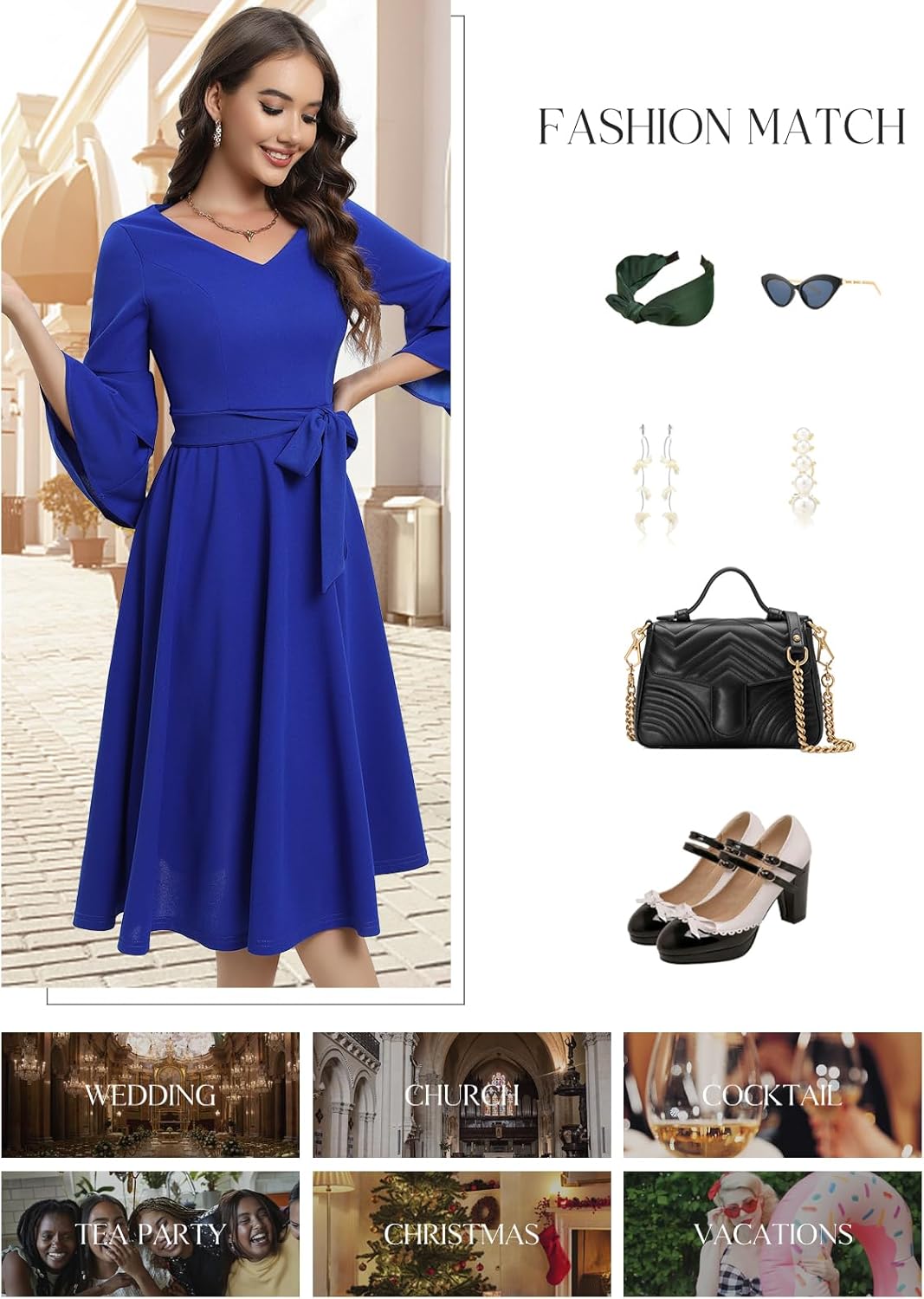 DRESSTELLS Women's Cocktail Dress 2026, A-Line Midi with 3/4 Bell Sleeves for Spring & Wedding Guest - S-3XL - Image 6