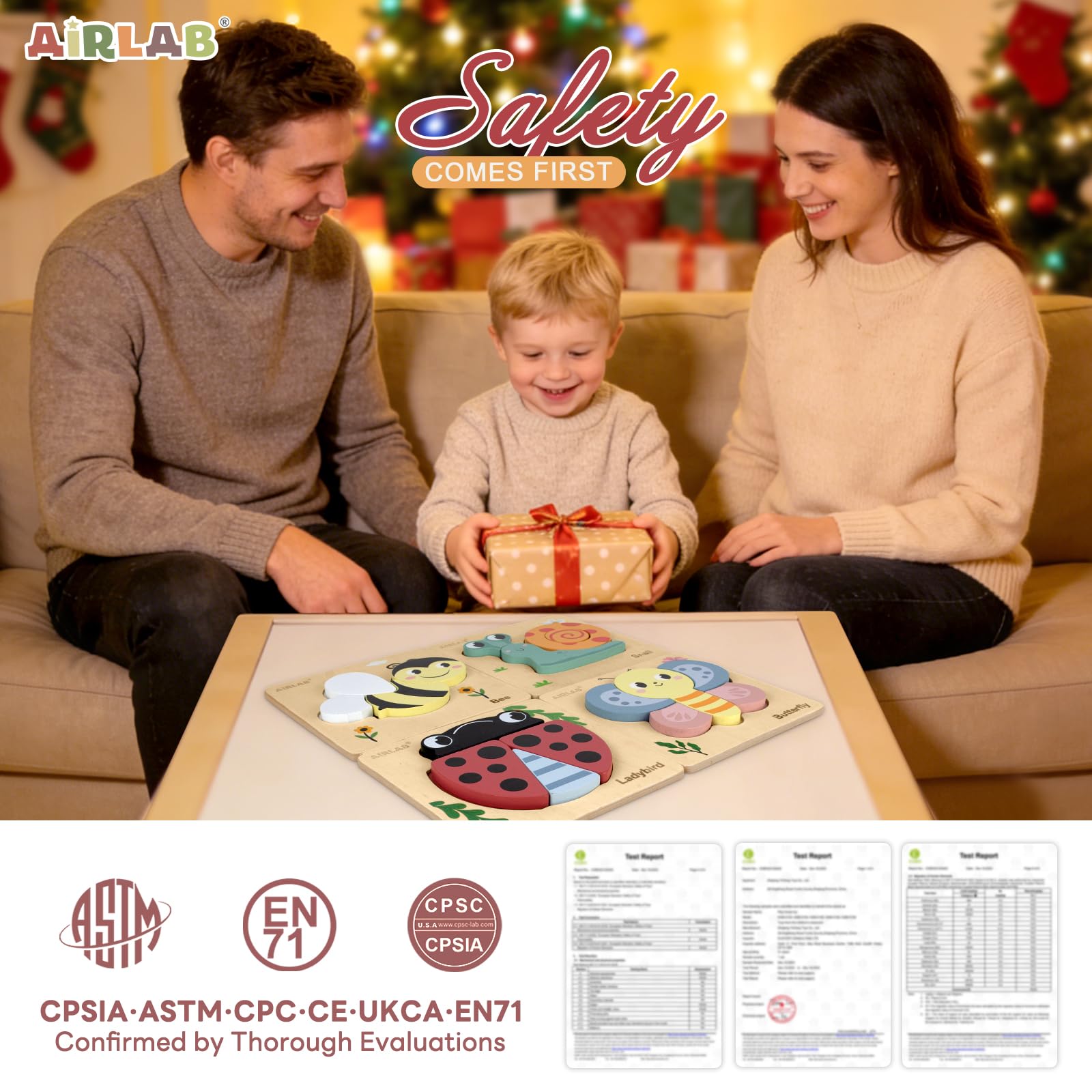 Airlab Puzzles Bois Bébé 1-4 Ans, Casse-têtes Jardin 3D avec Cadre et Sac, Jouet Éducatif Montessori