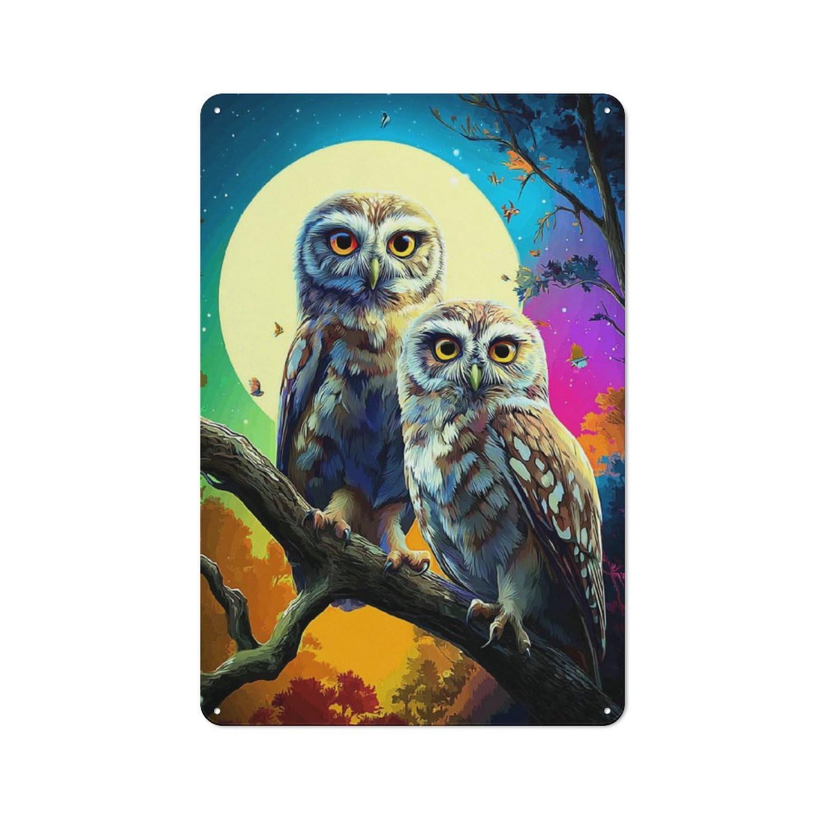 Junmoney Owls Under The Moonlit Sky -1 Metal Plaque 30X20cm With For Garage Wall, Retro Decor, Housewarming Present For People Styling Garage