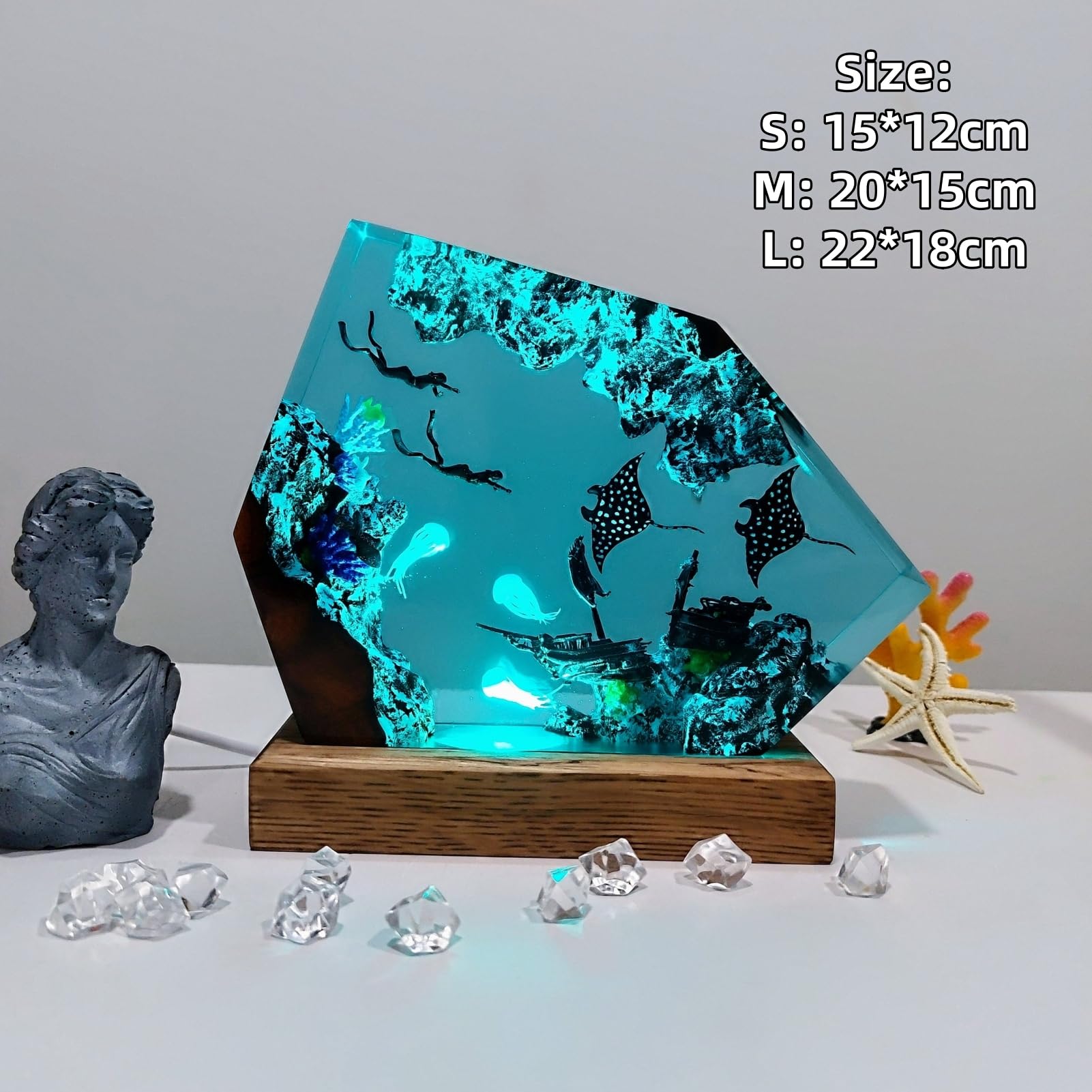 Drawelry 3D Harz Ozean Nachtlicht Ornamente mit Holz Sockel Mehrfarbige LED Tischlampe, Epoxidharz Marine Wal Hai Taucher Mini Ozeanarium für Wohnzimmer Schlafzimmer Kinderzimmer Deko Geschenk (B6)