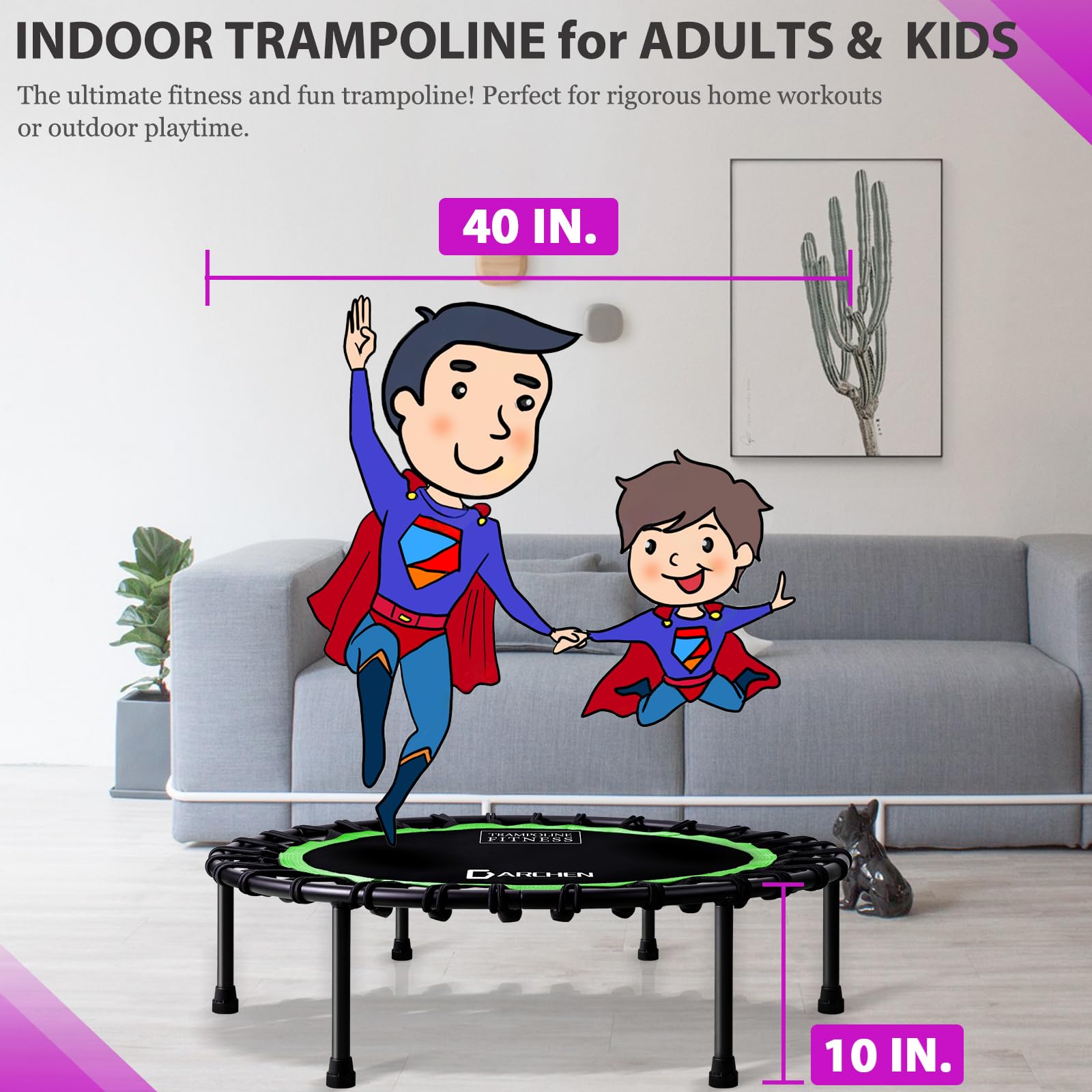DARCHEN Trampoline d'intérieur pour adultes, 200 kg, petit trampoline d'exercice pour entraînement physique pour trampoline intérieur silencieux et sûr [100 cm]