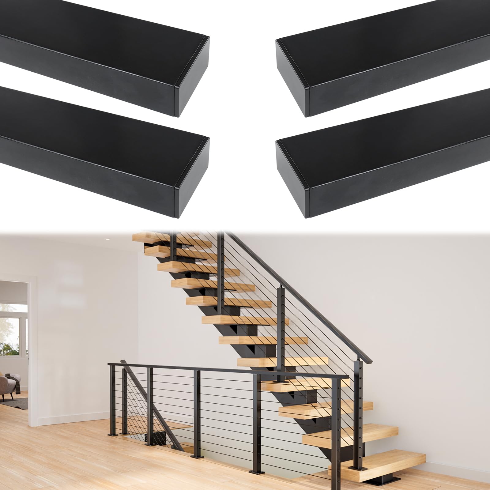 Muzata 4pack 6' 6" Black Handrail for Cable Railing Deck Level Stair Indoor Outdoor Stainless Steel Handrail Flat Fit Muzata PT1 Flat Top Cable Railing Post BlackCool System HT10 BP4, HR2 HR0