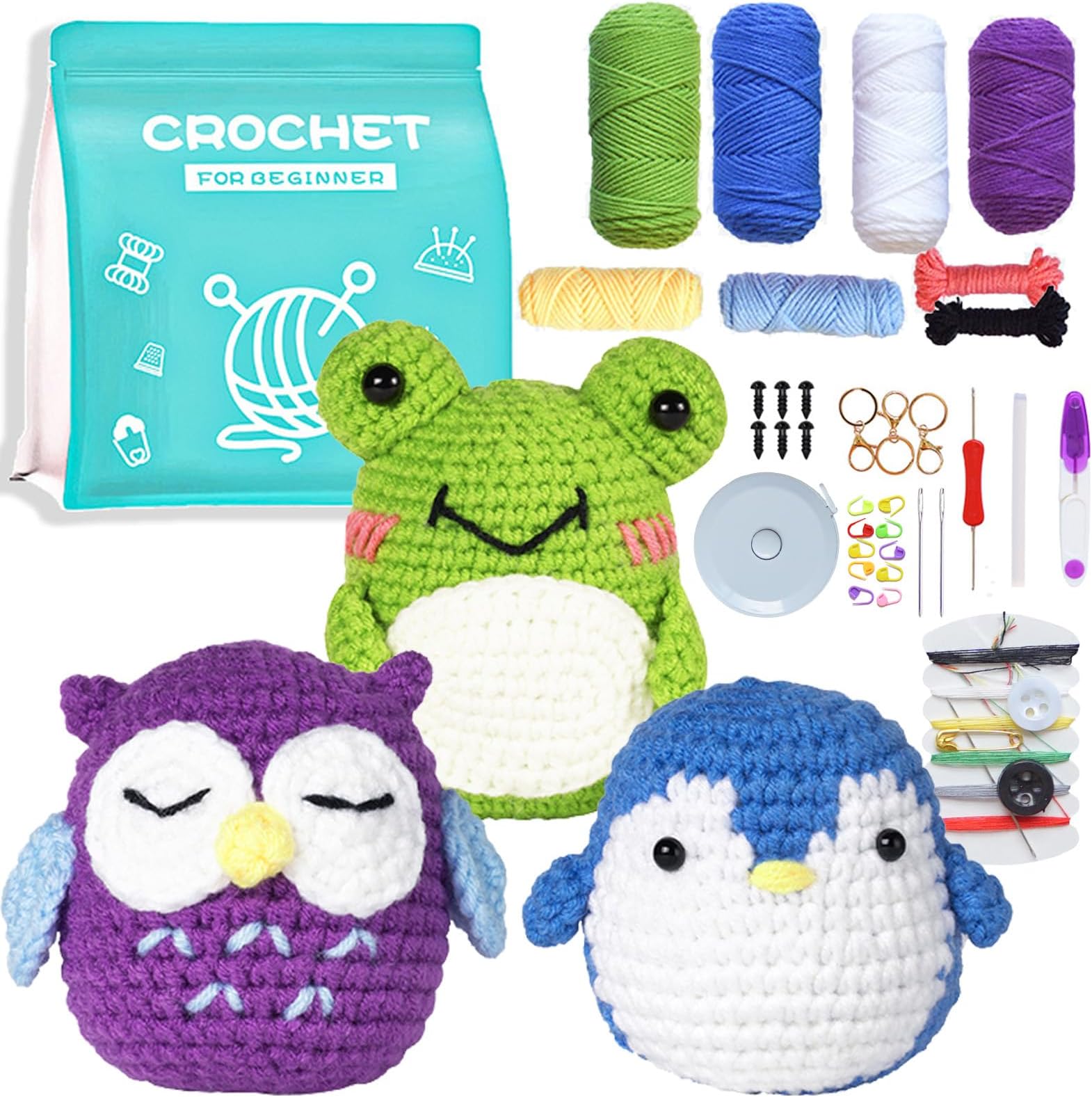 IFUNY Crochet Kit for Beginners Adults,Crochet Animal Kit, Complete Knitting Kit with Yarn, Crochet Hooks, Step-by-Step Video, Learn to Crochet Starter Kit for Beginners（Owl+Penguin+Frog
