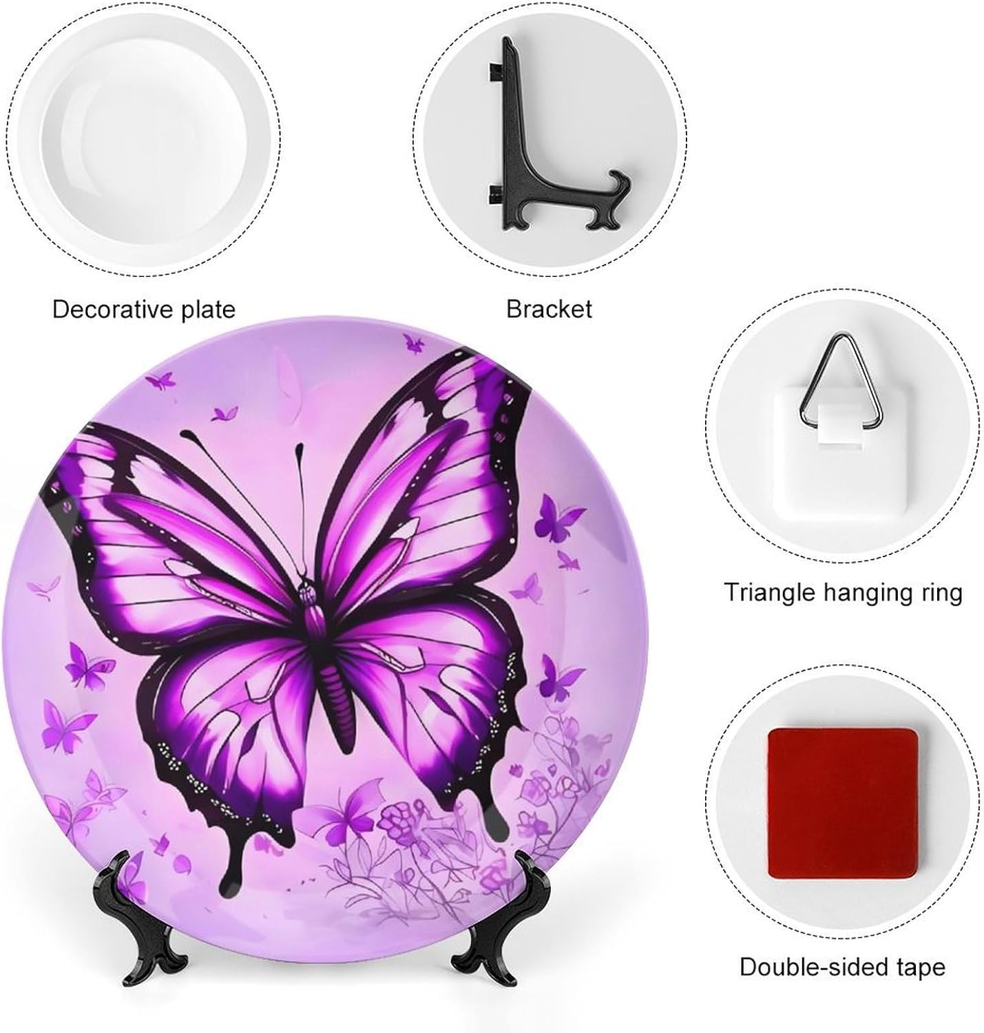 Purple Butterfly Ceramic Decorative Plate for Home, Bone China Plates | Chinese Style Decorative Dish with Stand, Dinner Plates Art Crafts for Wall Decor, Collections Plate with Hook 6inch