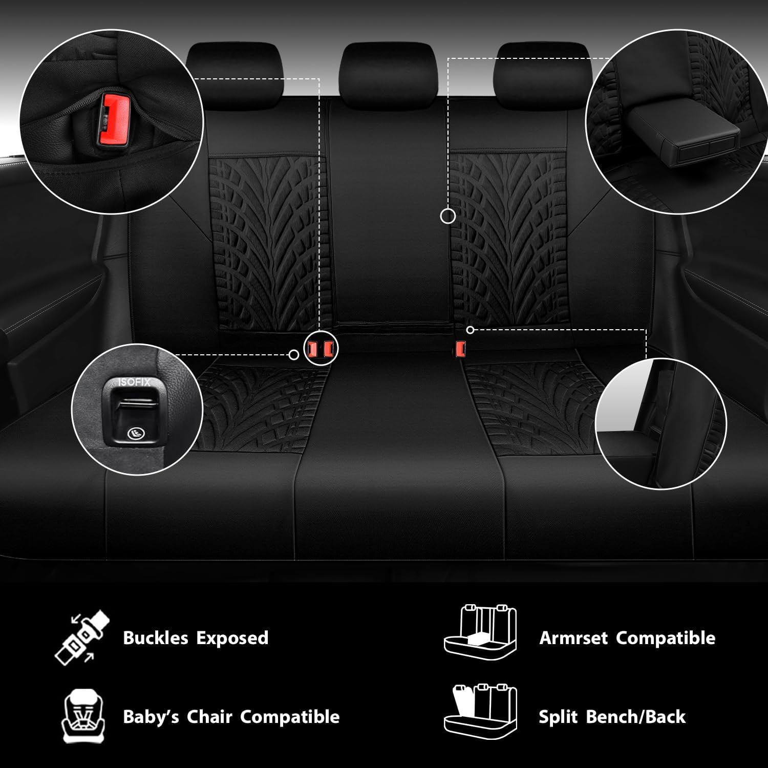 CAR PASS Neoprene Waterproof Seat Covers Full Sets, Wetsuit Car Seat Covers 5 Seats Universal Fit for Vans, Truck, SUV, 3D Tyre Embossed Seat Covers Anti Slip with Armrests, Aibag Compatible(Black)