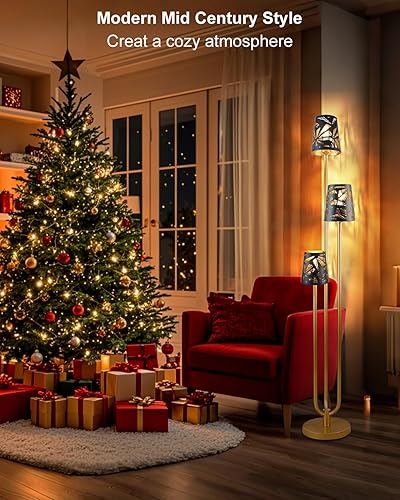 Miniatura 5 de Lámpara de pie de 63 pulgadas con pantalla de metal, lámparas de pie altas doradas únicas con 3 postes, lámpara de pie moderna de mediados de siglo