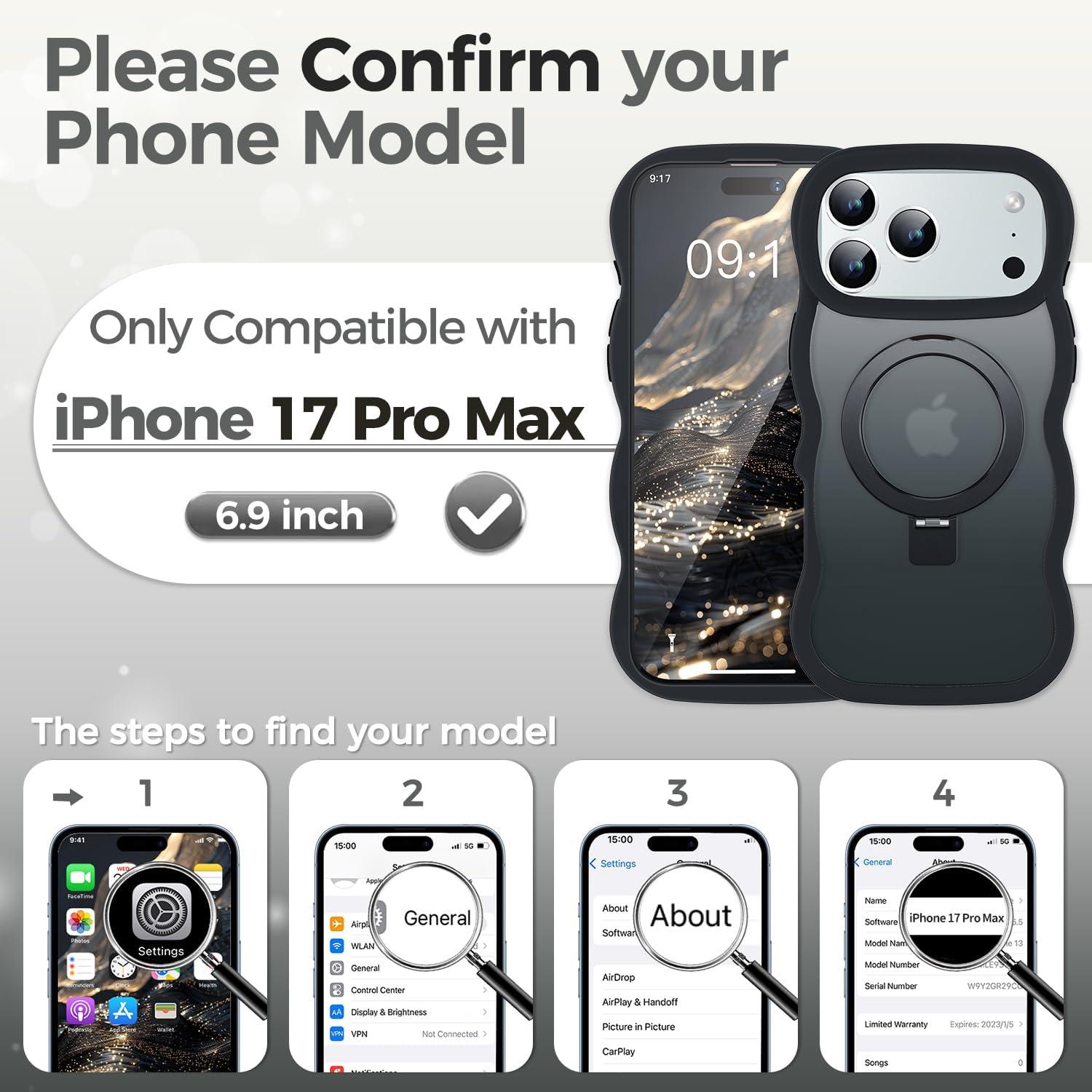 [Cute Wave Frame+Mag Stand] Designed for iPhone 17 Pro Max Case, [Fit for MagSafe] Translucent Silicone Protective Magnetic Ring Phone Case Cover for iPhone 17 Promax 6.9 inch Men Women, Black - Image 8