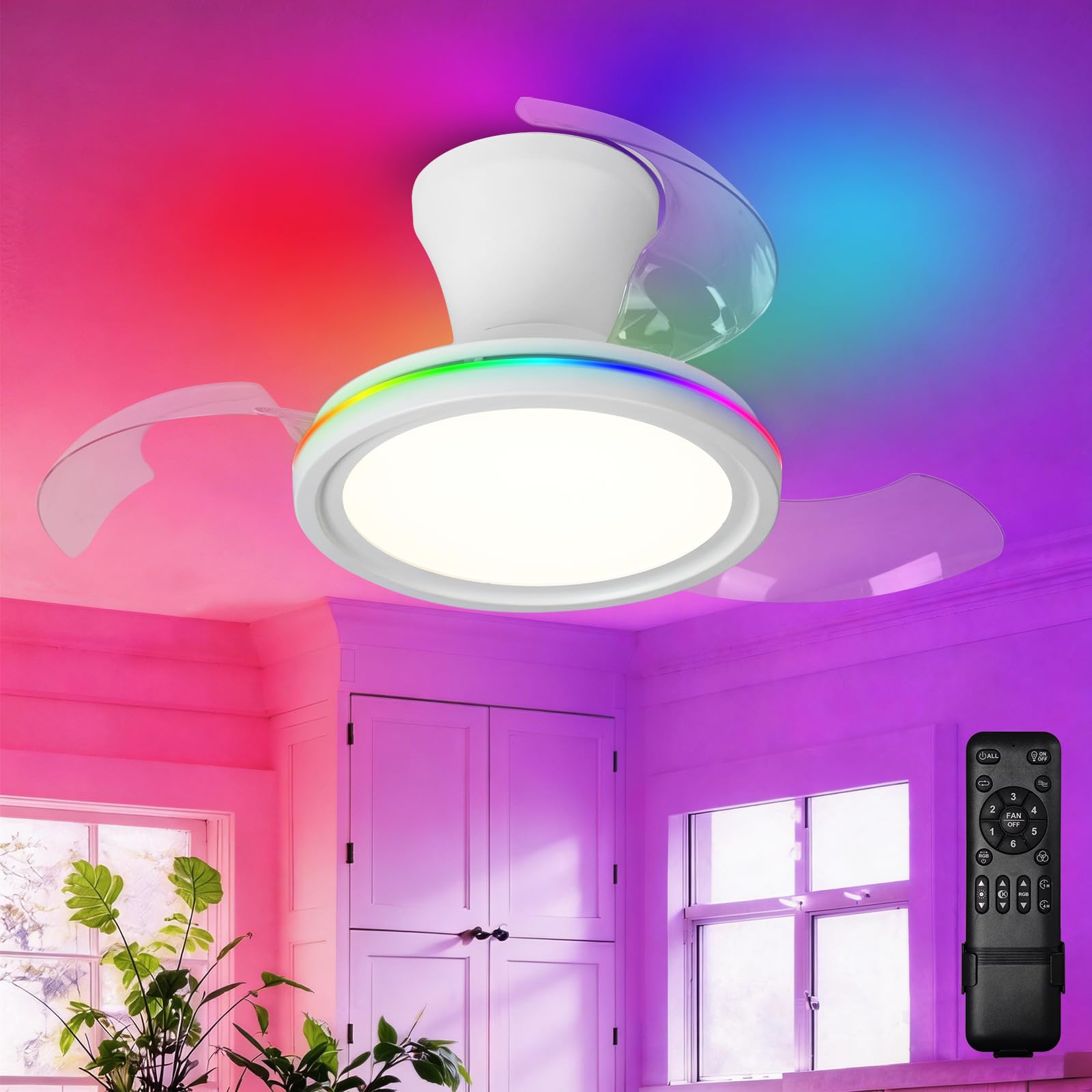 Ventilador Techo Pequeño Con Luz Aspas Retráctiles Plegables, RGB Lampara Techo Ventilador Silencioso, Led Regulable Función De Memoria, Retractil Para Dormitorio/HabitacióN Infantil - Blanco