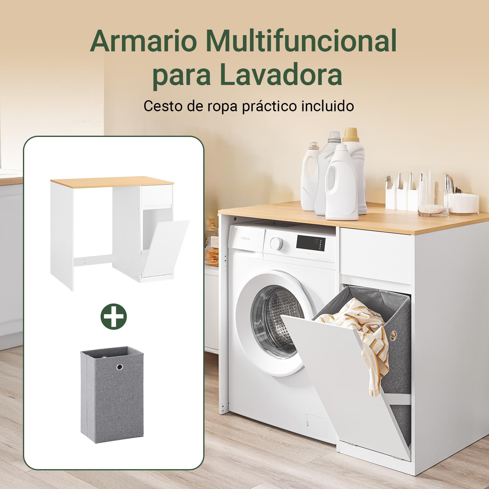SoBuy Mueble para Lavadora – Armario de baño – Mueble Ropa Sucia con cesto para Ropa y cajón, para Lavadora y Secadora, Muebles Auxiliar en Blanco con Efecto Madera, 100×60×90 cm, BZR217-WN