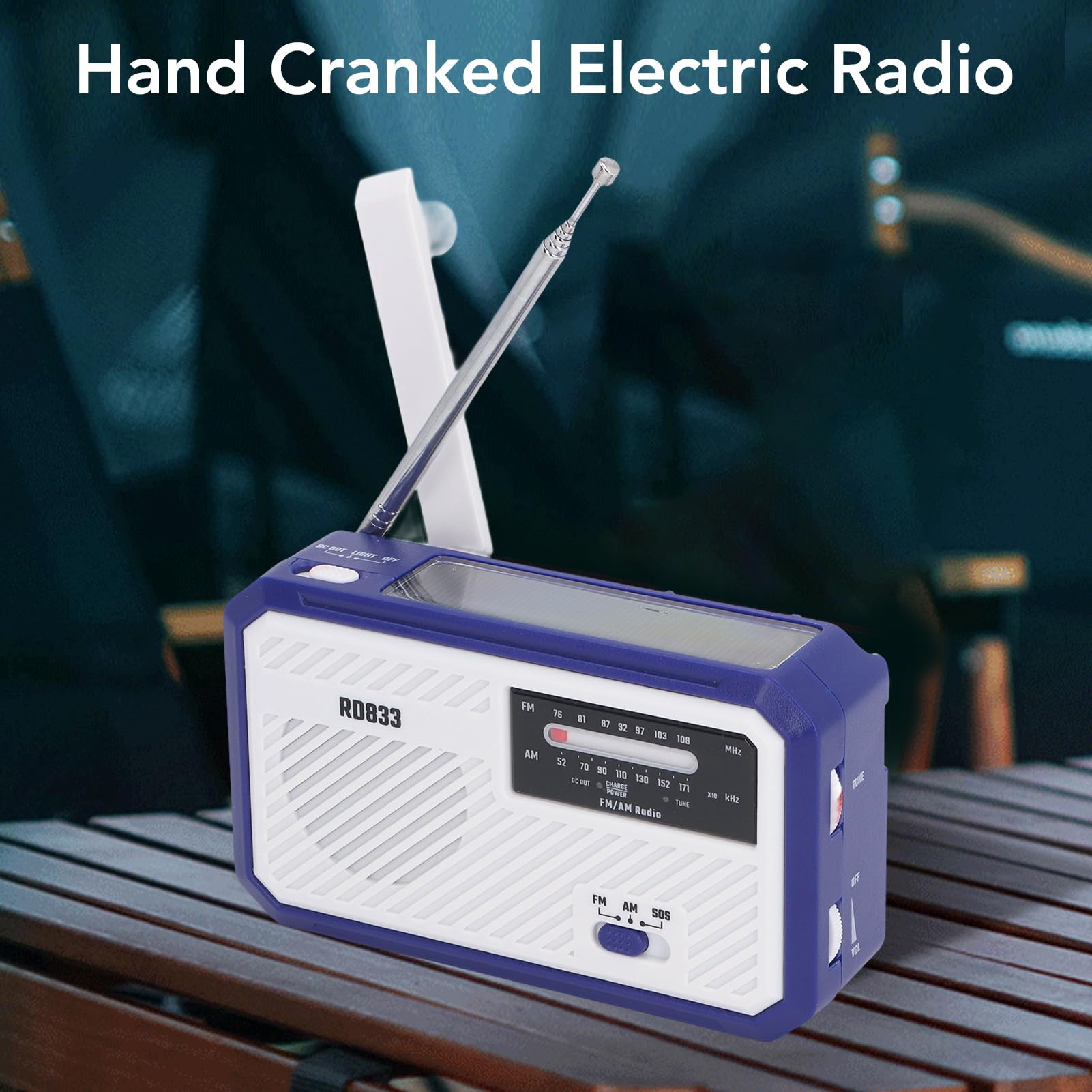 Radio Eléctrica de Manivela, Linterna LED Solar Multifuncional, Alarma SOS con Cargador de Teléfono Móvil de Emergencia para Uso Doméstico y Exterior. (Azul)