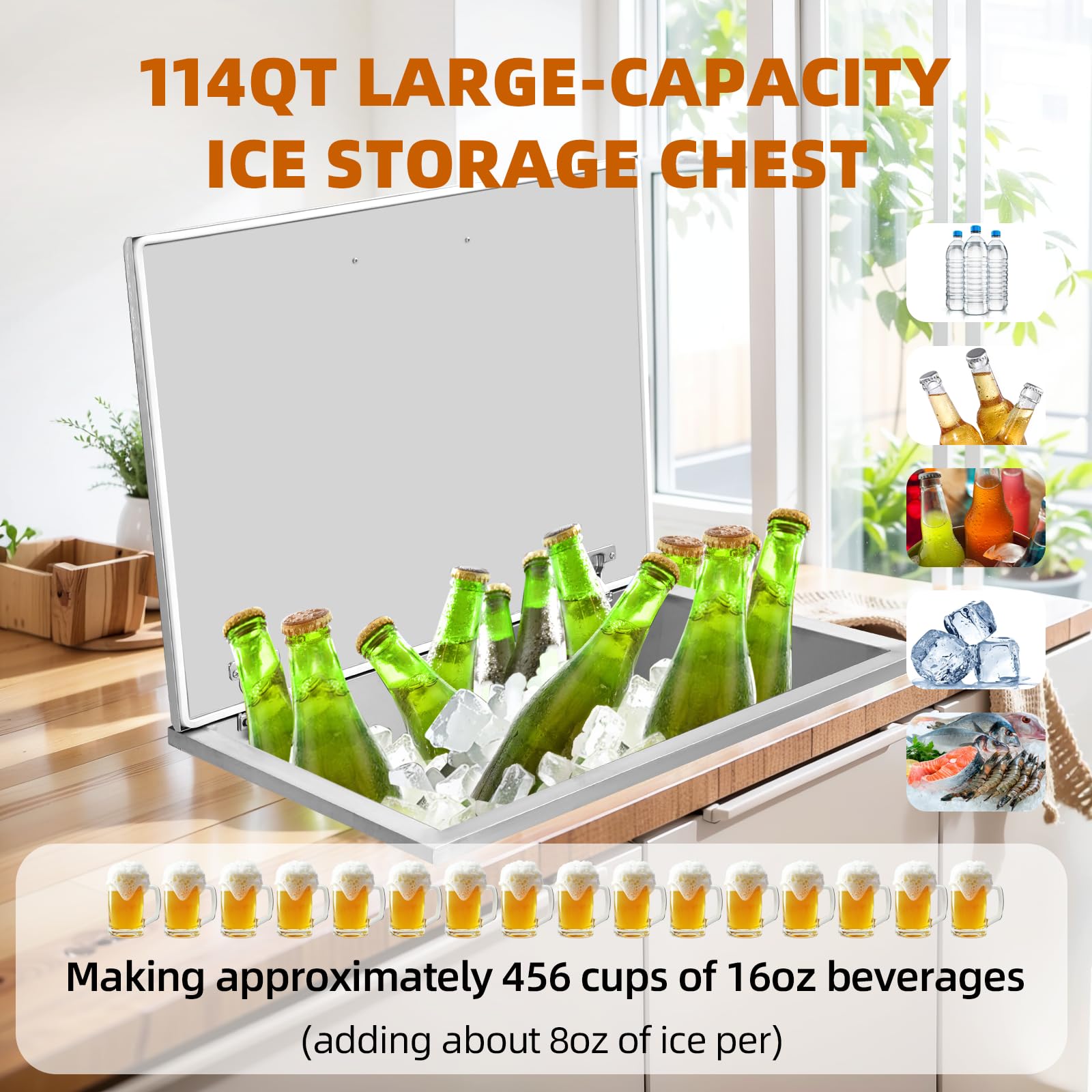 107L Edelstahl Drop-In Eisbehälter für Outdoor-Küche, Edelstahl Einbau-Eisbehälter mit Klappdeckel, Ablaufrohr & Stöpsel, Perfekt für Gartenbar & Grill, Kühler für Getränke, Wein & Bier, 71×50×43cm